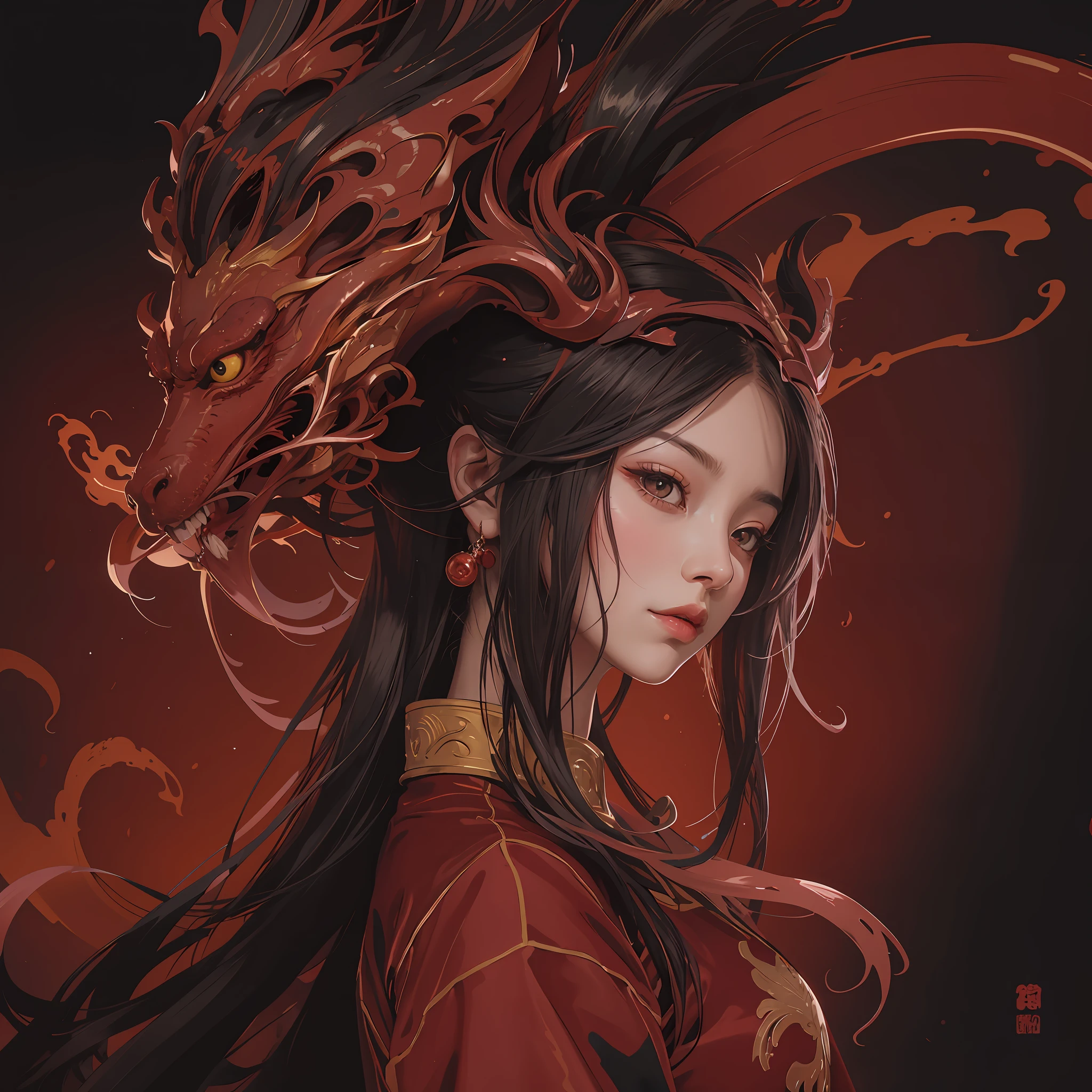 Anime girl with dragon head and long hair in red hanfu, dragon girl portrait, dragon girl, realistic lighting and shading, vivid color, acrylic painting, pixiv, 8k, best quality, ultra detailed