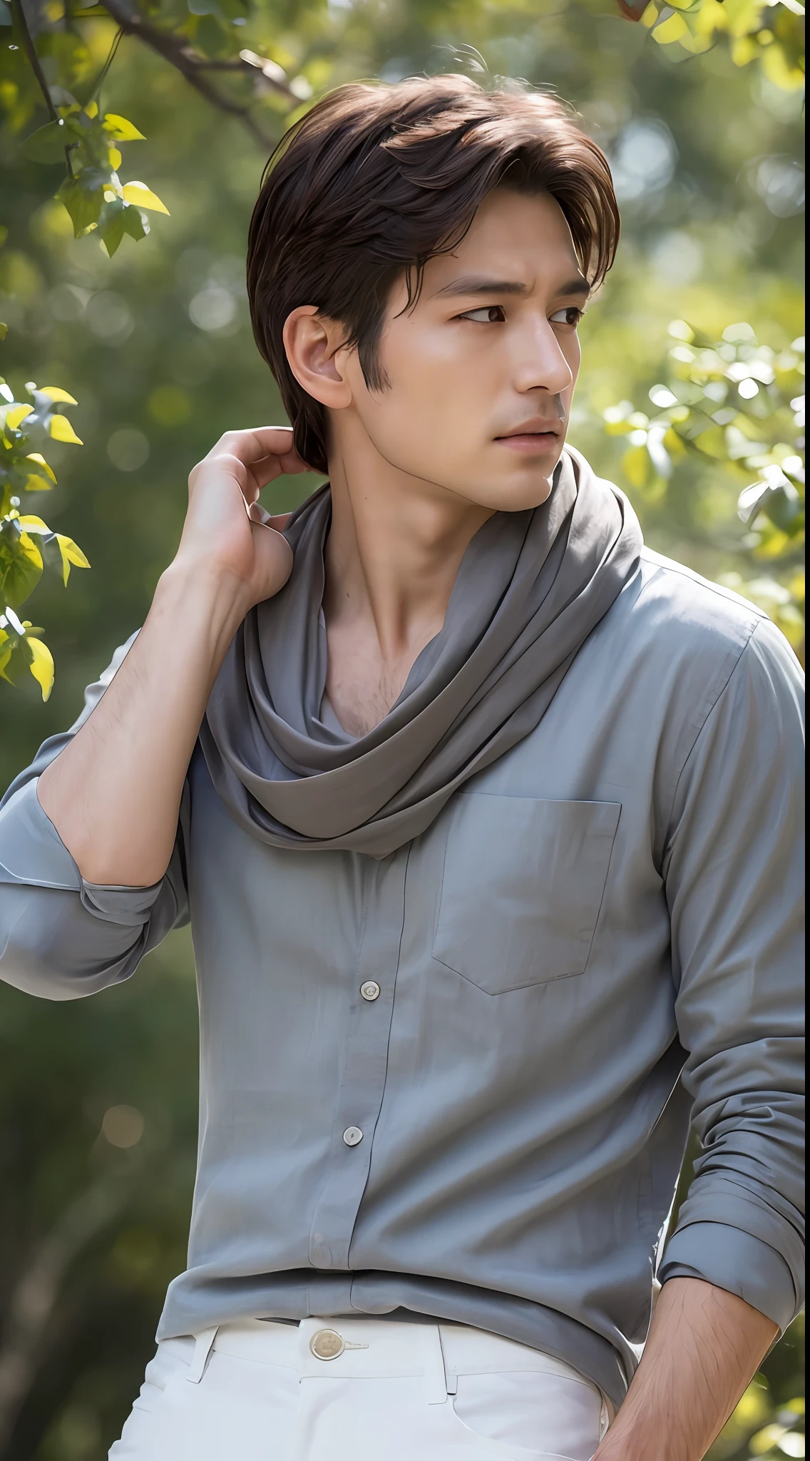 ((Best quality, 8k, Masterpiece :1.3)), Sharp focus :1.2, A cool men with perfect figure :1.4, Slender abs :1.2, ((Dark brown hair,breasts :1.2)), (white long formal shirt)(buttoning up his shirt.), grey background:1.2, Highly detailed face and skin texture, Detailed eyes, Double eyelid,fashion model posing,cowboy shot,white pants,sunlight filtering through trees,(wears a gray scarf around his neck.)