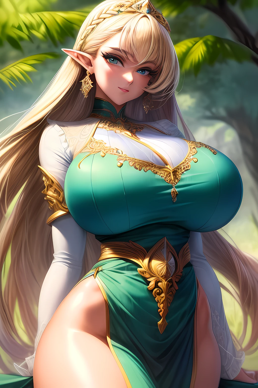 (Ultra Quality,Unparalleled Masterpiece:1.4)Overwhelmingly Pixel-Perfect,Ultra-Detailed CG 4K,(Ultra-Detailed Clear Absurdly-Vivid Jade Big Eyes:1.2),Gorgeous Round Detailed Face(Voluptuous:1.4)Elf(Gigantic Breasts:1.8)(Voluminous Long Blonde Hair: 1.4),(Bangs, Sidelocks:1.2)Seductive(intricately detailed illfit slutty clothing:1.3)(Zelda)(Celestine Lucullus: 1.2)(Solo:1.4)(1Girl: 0.5)(Facing Viewer:1.2)(arms behind back:1.2)(Cowboy Shot:1.2)(from above:1.1),Skindentation(Curvaceous:1.4)(Curvy:1.4)(Bimbo: 1.4)(Normal Waist: 1.2)(Thick Lips: 1.3)small-nose(light smile: 1.2)Rocks,Trees, Plants,Bush,Color Graded,dynamic pose(cleavage focus)oppai proportions,disproportional tits