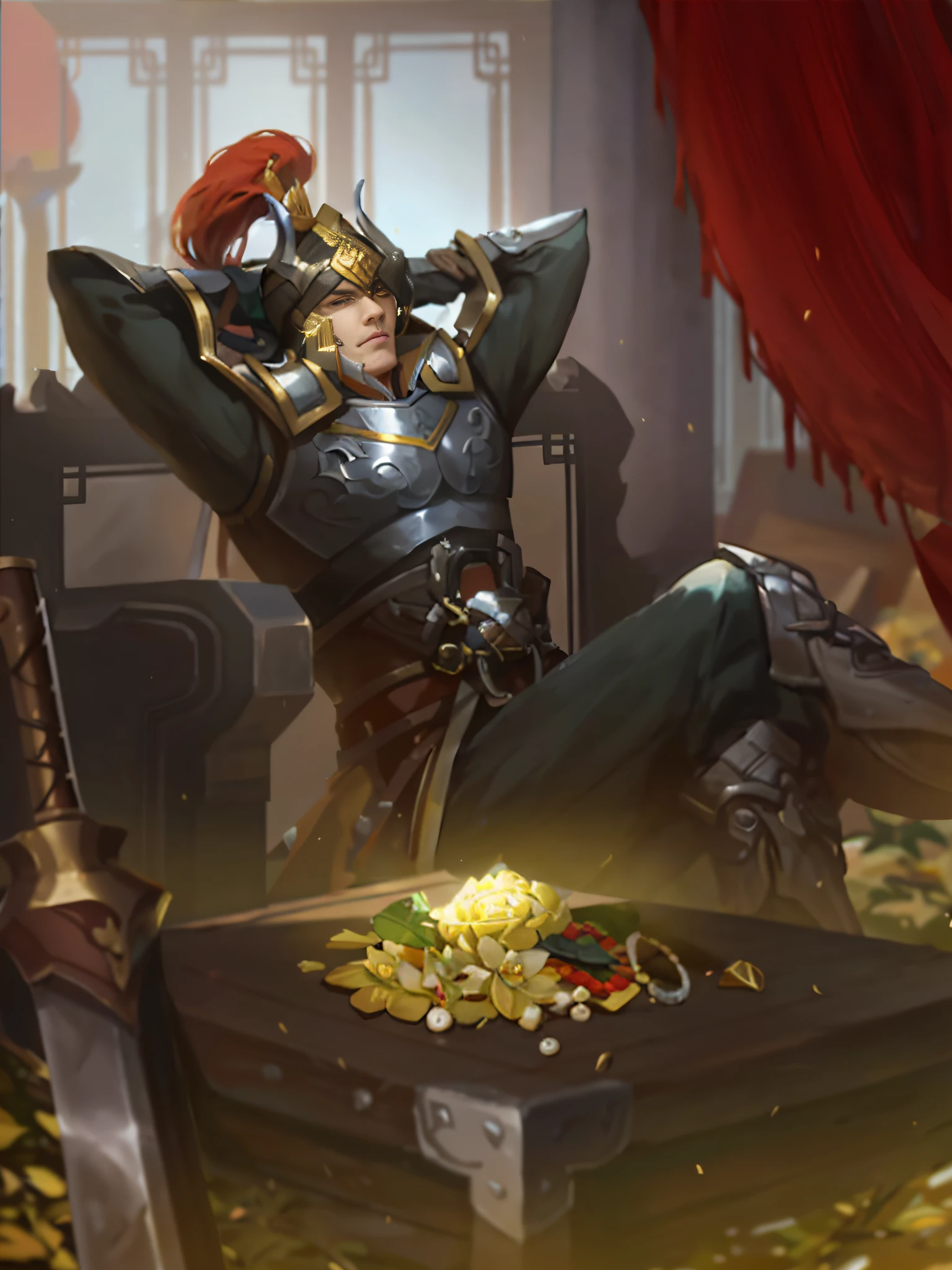 There is a man sitting on a table, holding a sword and chest, flat lotus, inspired by Ju Lian, Brigitte, inspired by Kan Lee, iconic character splash art, Yang J, splash art, KDA, inspired by the yellow god, fist game concept art, official splash art, character splash art, Zhang Chenghim, Hirase Jinyao