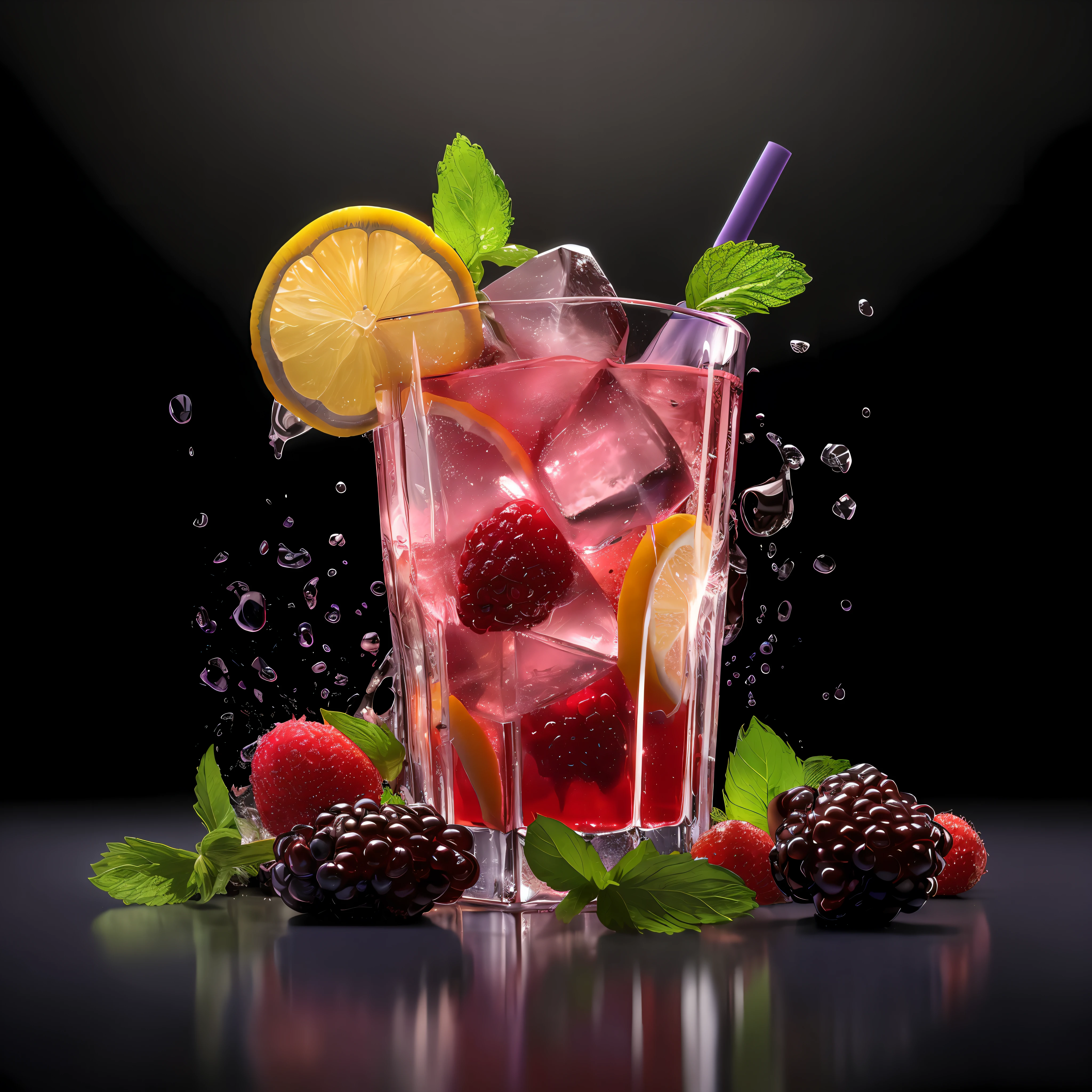(Masterpiece: 1.5), (Best Quality: 1), (Ultra High Resolution: 1.2), (Realistic: 2), (8k, RAW Photo: 1.2), A glass of purple juice with grape pieces and a mint leaf, description, raspberry, stunning image, mint leaf, high iced tea cup, digital rendering, strawberry, lemon slice, ice, cool, delicious, delicious, ice cube, cool, masterpiece, best quality, super high resolution, realistic, 8k, RAW photo, blueberry, purple water, passion fruit, water mist,