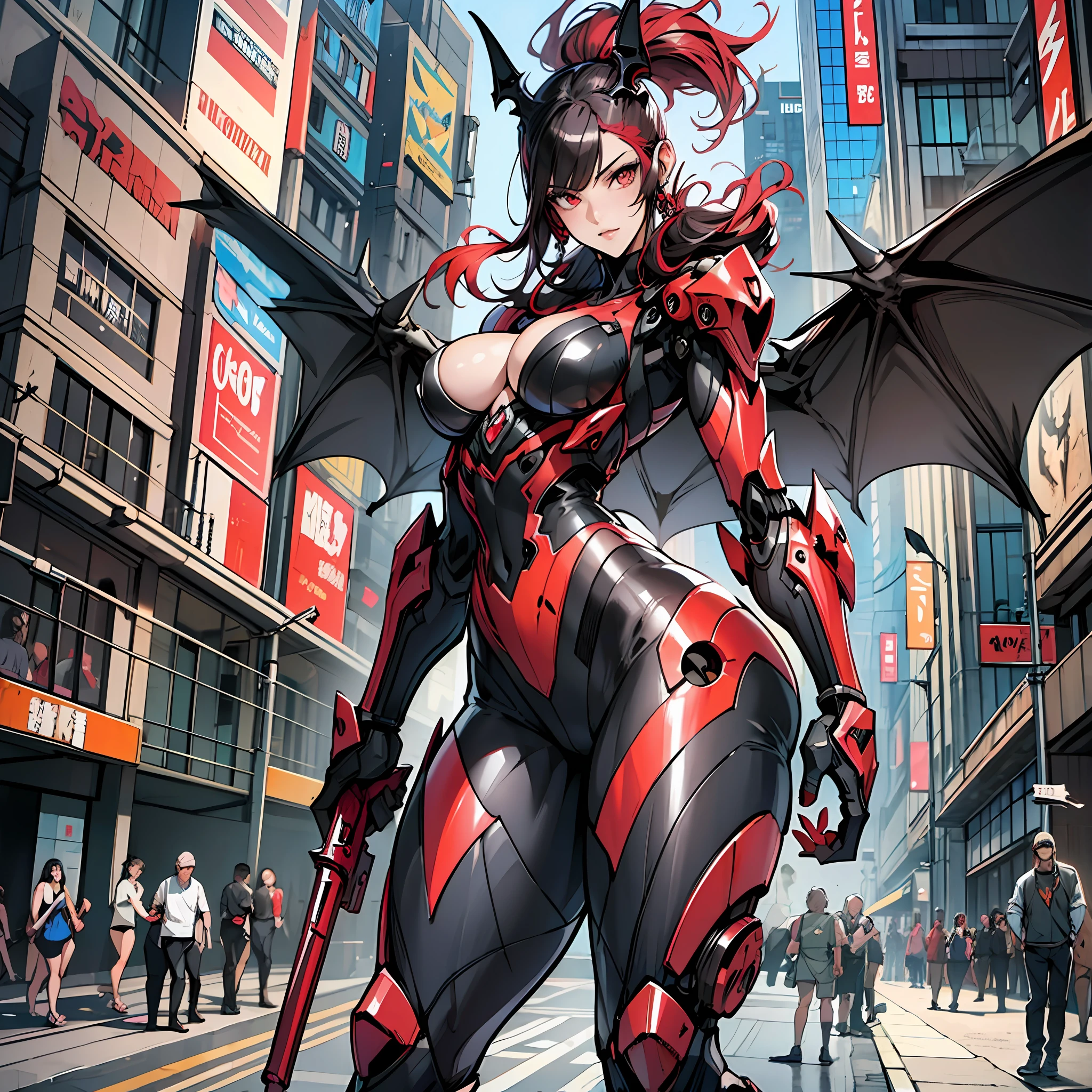 Woman in bat color costume, best anime 4K wallpaper, full body, bat red wing, cyberpunk bat, mechanized valkyrie girl, biomechanical, highly detailed artgerm based on bat, cyborg bat, anime style 4k, bat
