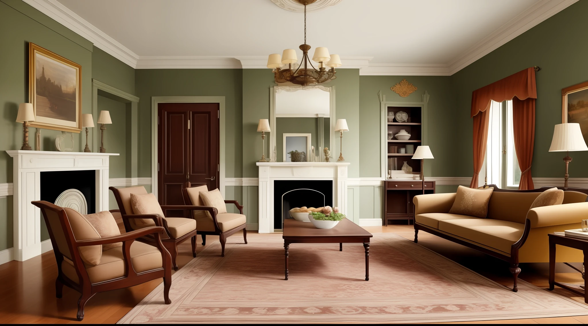 Early 20th century, British style, panel painting style, home decoration, living room, front view, brown color, fireplace, sofa, door