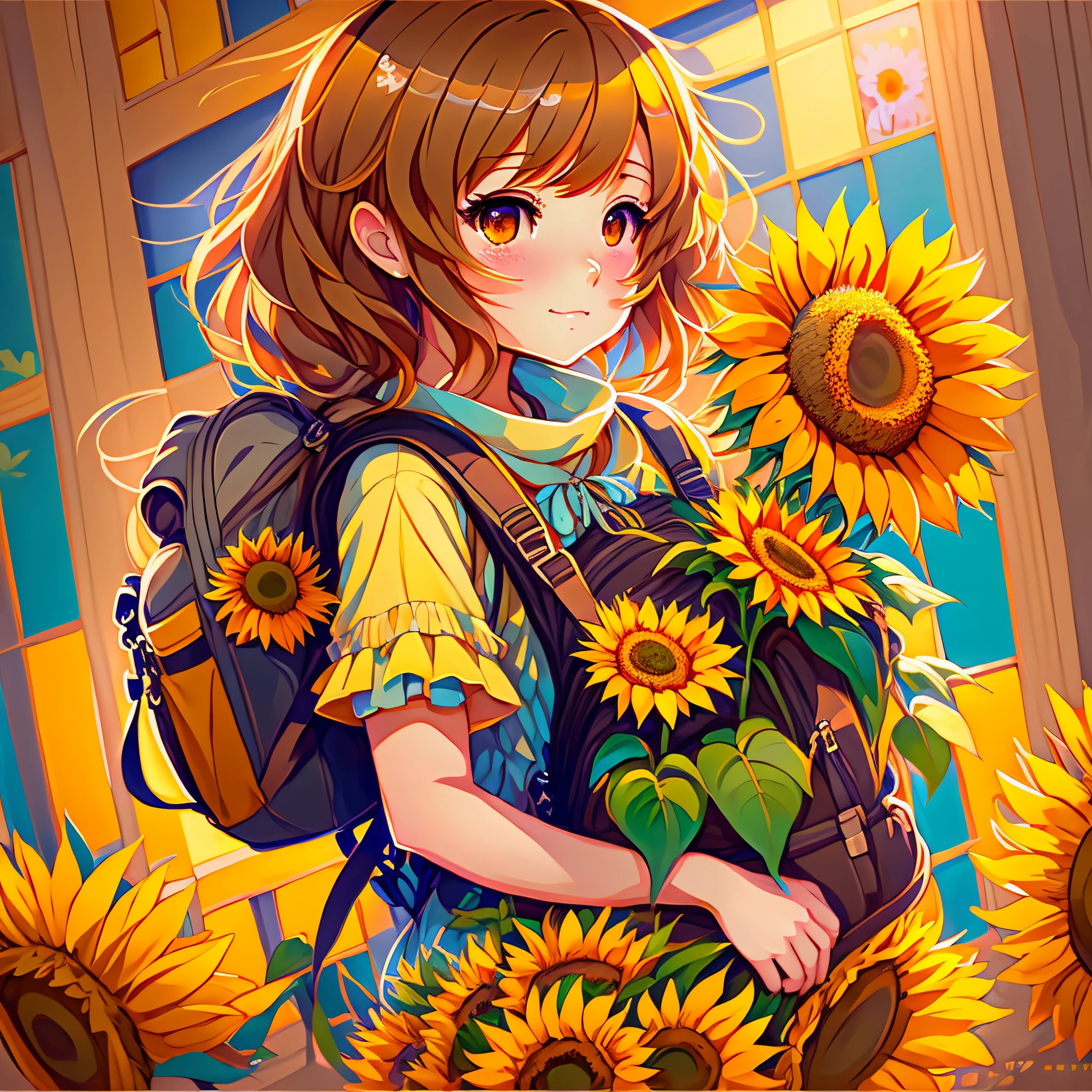 Anime girl with sunflowers in hair holding backpack, beautiful sunflower anime girl, artwork in the style of Gwise, Away, ArtGerm, Atey Ghailan, high quality anime art style made in anime painter studio, Yang J, Gwise, cute girl anime visuals, flowers, anime art style, high quality fan art, Beautiful anime portraits