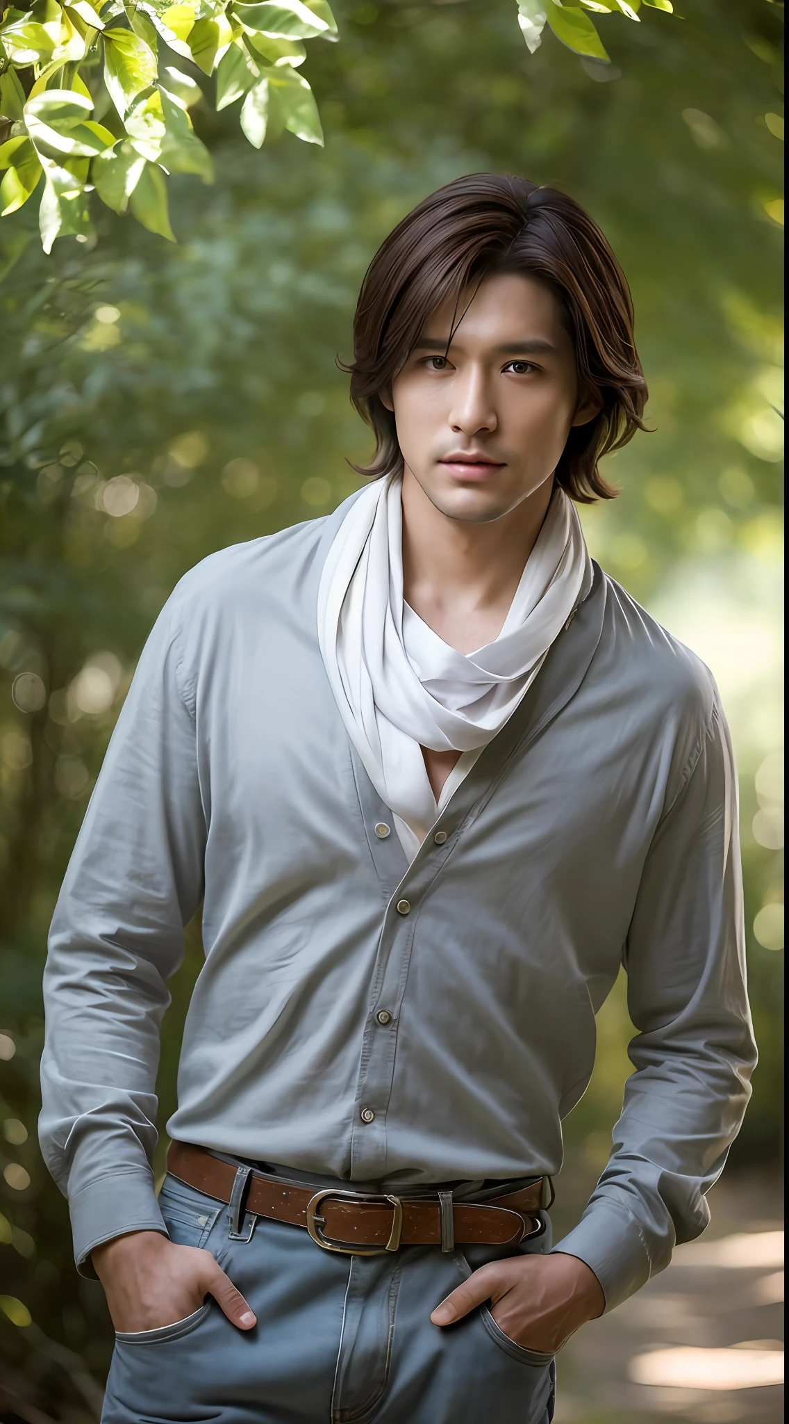 ((Best quality, 8k, Masterpiece :1.3)), Sharp focus :1.2, A cool men with perfect figure :1.4, Slender abs :1.2, ((Dark brown hair,breasts :1.2)), (white long formal shirt)(buttoning up his shirt.), grey background:1.2, Highly detailed face and skin texture, Detailed eyes, Double eyelid,fashion model posing,cowboy shot,white pants,sunlight filtering through trees,(wears a gray scarf around his neck.)
