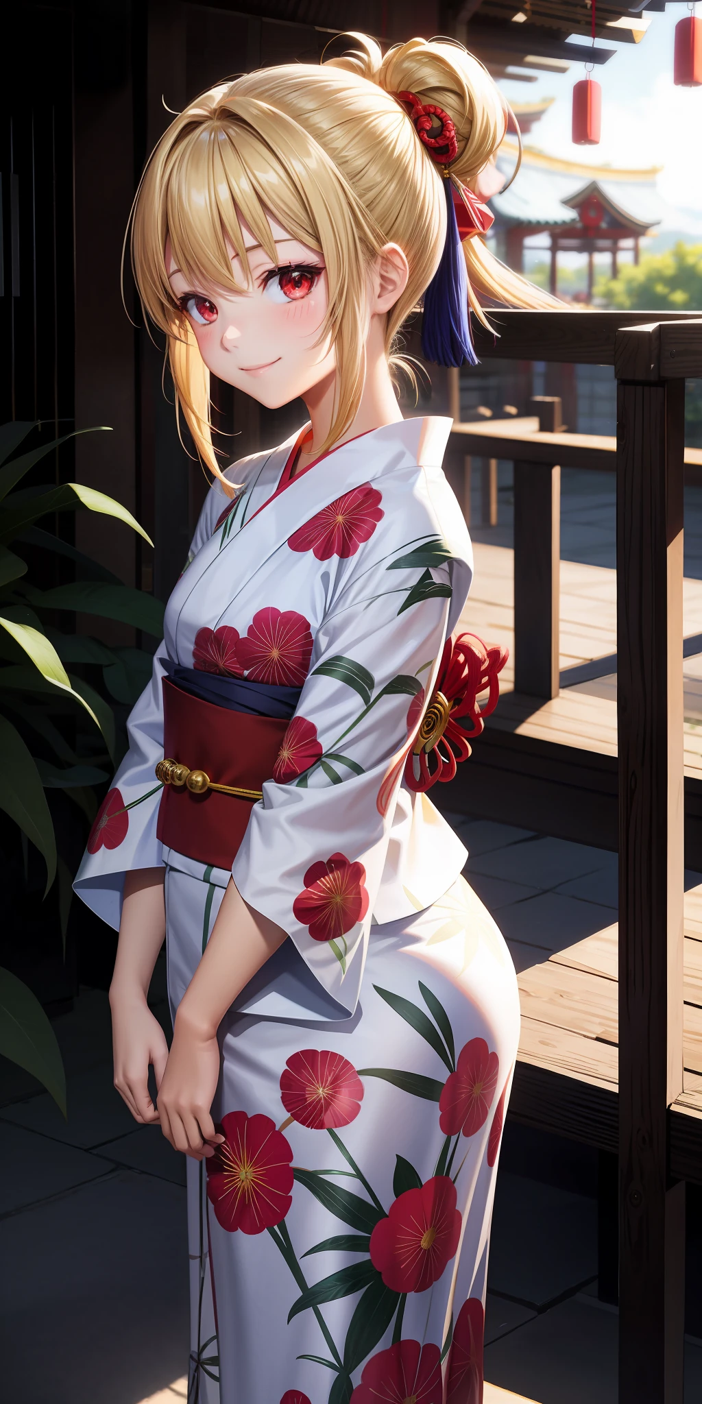 anime, one girl, blonde, hair is tied up, red eyes, sun, sunlight, yukata, wind chimes, little smile,
