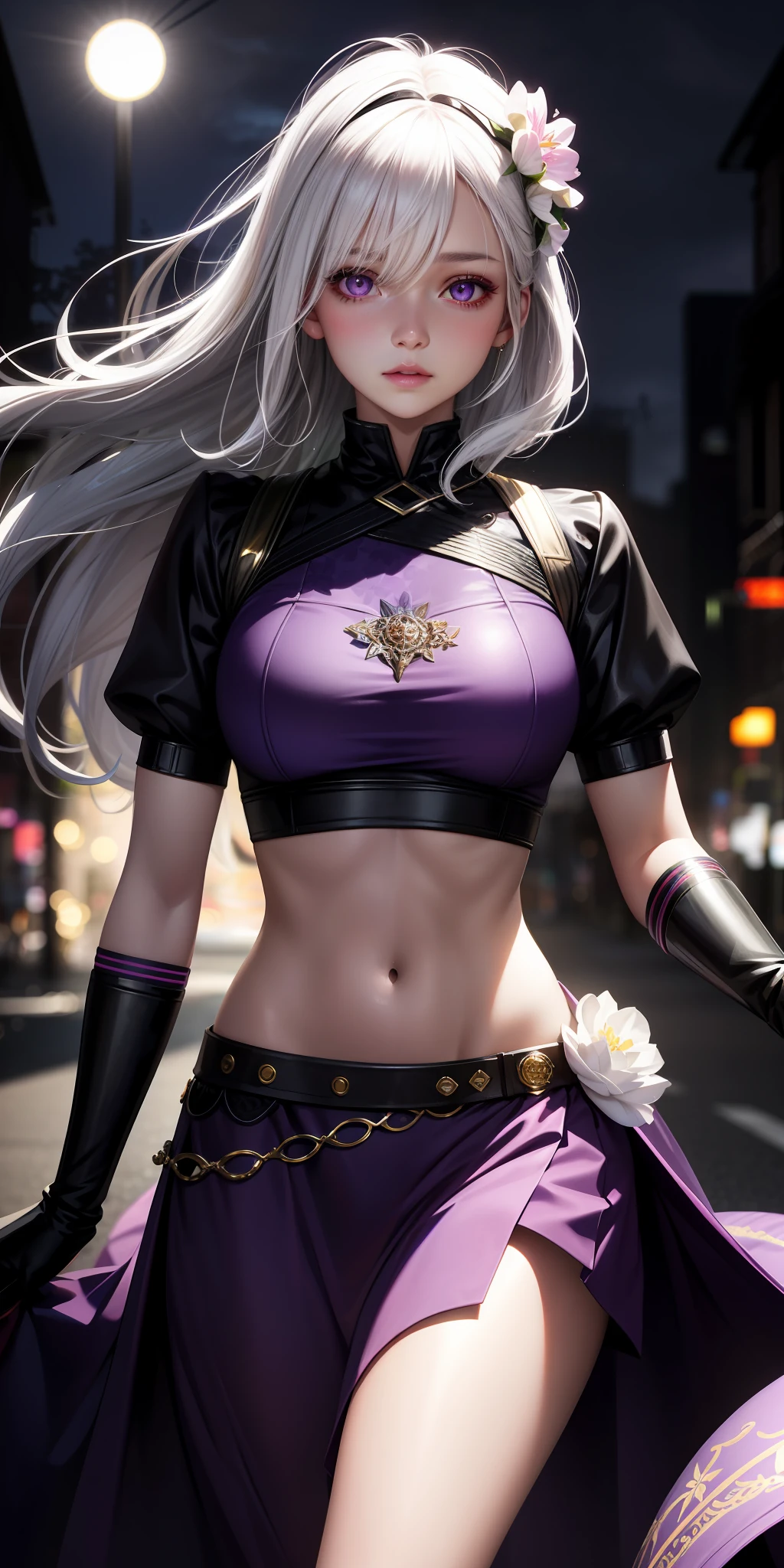 realistic, 1girl, white hair, purple eyes, glowing eyes, crop top, skirt, parted lips, blush, night, flowers, sun, sunlight,