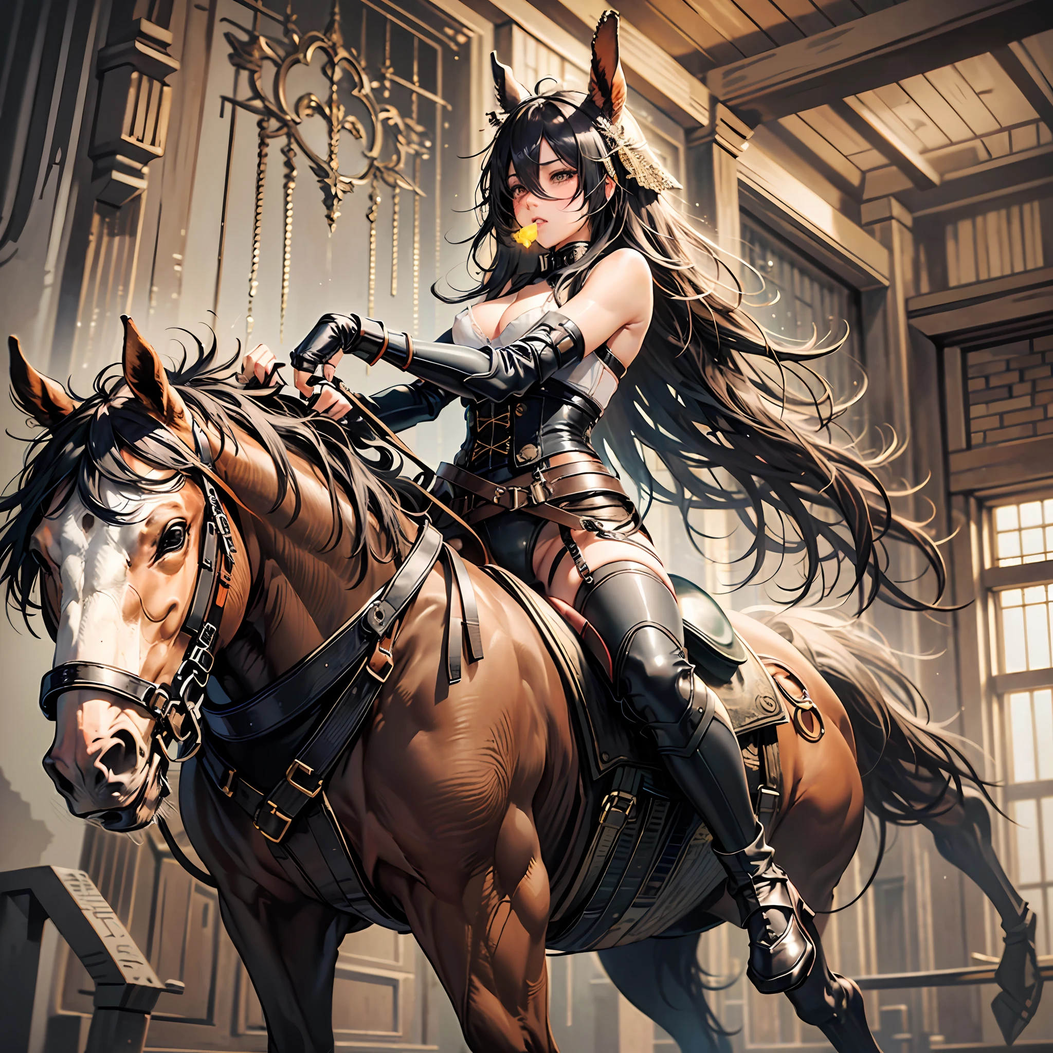 Legs spread out, a horse, legs bound, hands tied, riding on a wooden horse, skin tone panties, skin color corsets, underwear models, mouth balls, drooling, blindfolded, white skin, long black hair, messy hair, blushing, sweat, looking up, ass riding on a triangular wooden horse --auto --s2