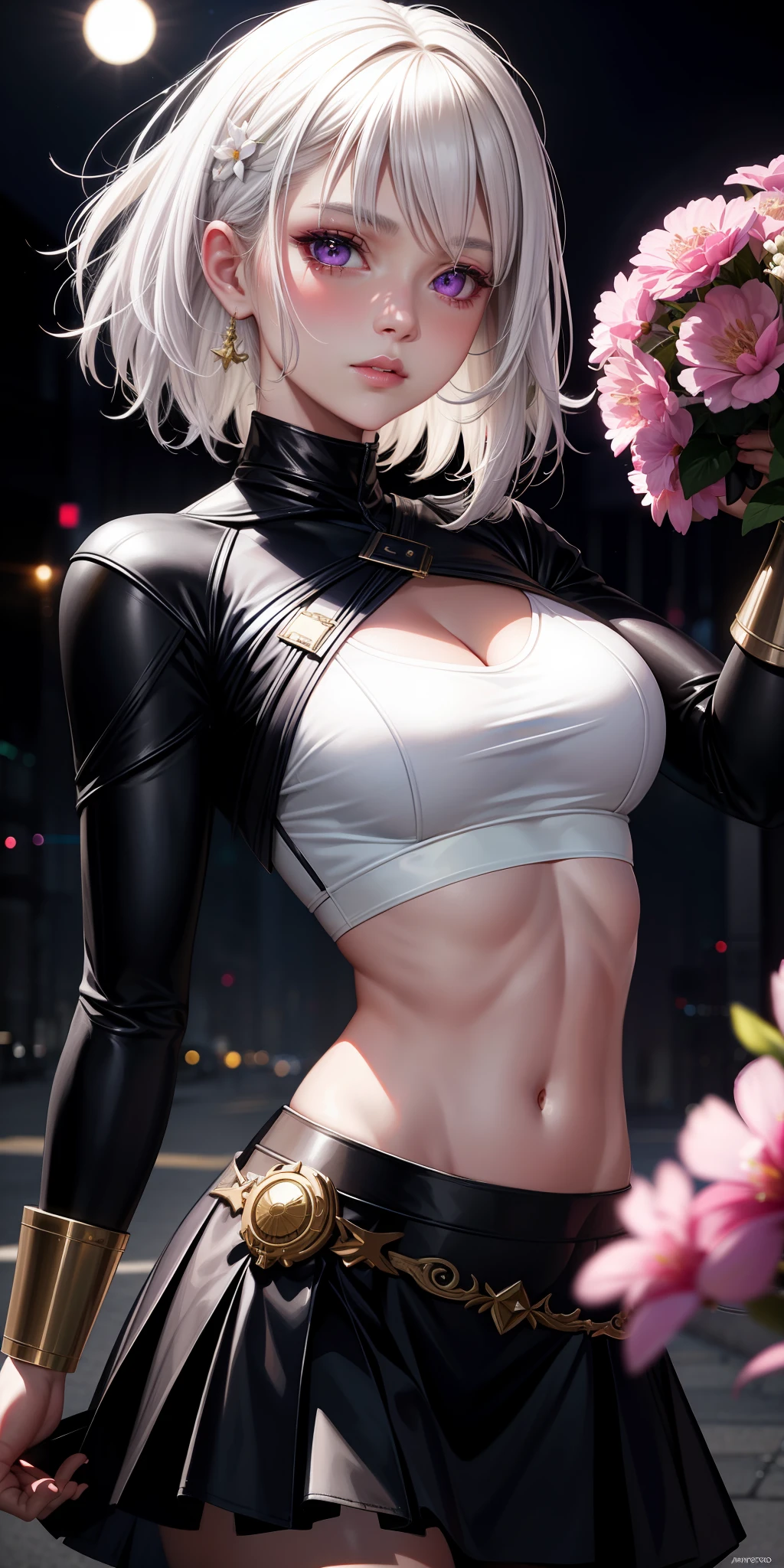 realistic, 1girl, white hair, purple eyes, glowing eyes, crop top, skirt, parted lips, blush, night, flowers, sun, sunlight,