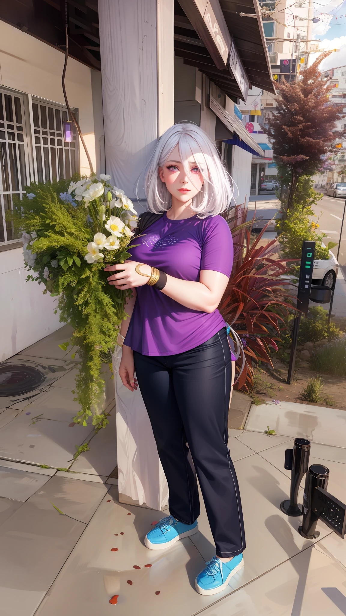 realistic, 1girl, white hair, purple eyes, glowing eyes, crop top, skirt, parted lips, blush, night, flowers, sun, sunlight,