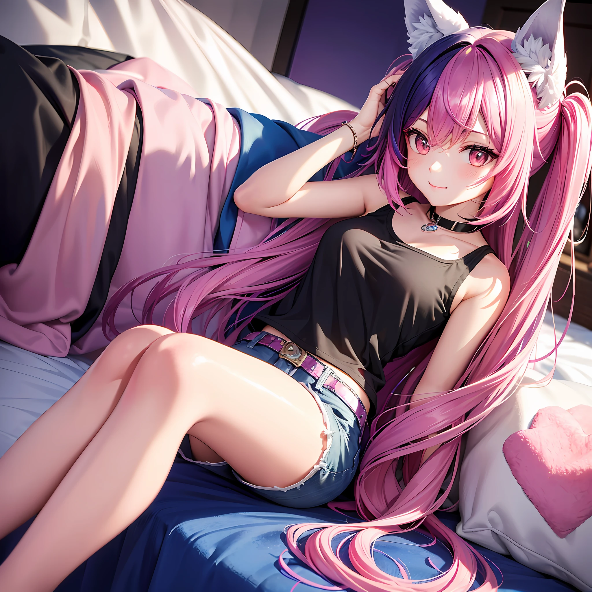 Close-up, upper body, 1 girl, smile, wolf ears, wolf tail, pink eyes, hair between eyes, split color hair: 5, ((((Colorful hair color: 1))))), (((Random hair color: 1)))), colorful hairstyle: 5, striped hair, long hair, hair end jewels, (cute random Cadeza tank top: 5 to 5 random hot pants figures: 15), Jewels, AI super luxurious bedroom and cute interior: 5, (On the bed: 15), sit in, embarrassingly look at the viewer and laugh, blush, night landscape,