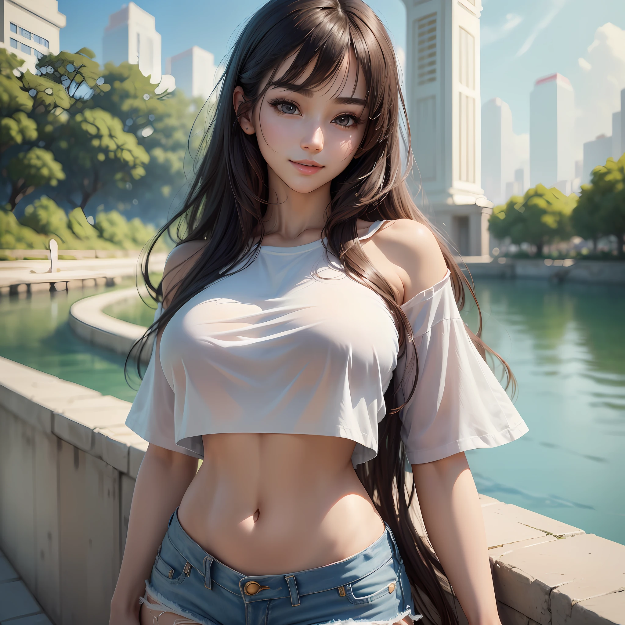 Masterpiece, top quality, ((((Realistic, Photorealistic: 1.37))), 8K, very delicate and beautiful, wonderful, official art with attention to detail, ridiculous, incredibly ridiculous, huge file size, super detailed, very detailed, (beautiful detailed girl), very detailed eyes and face, beautiful detailed eyes, light on the face, nsfw, (one girl), look at the viewer, ( perfect female figure), slim waist, (Korean beauty), full body, big breasts, standing, abdomen, idol, white t-shirt, denim shorts, summer, (vacation), feminine look, bangs, smile --auto --s2