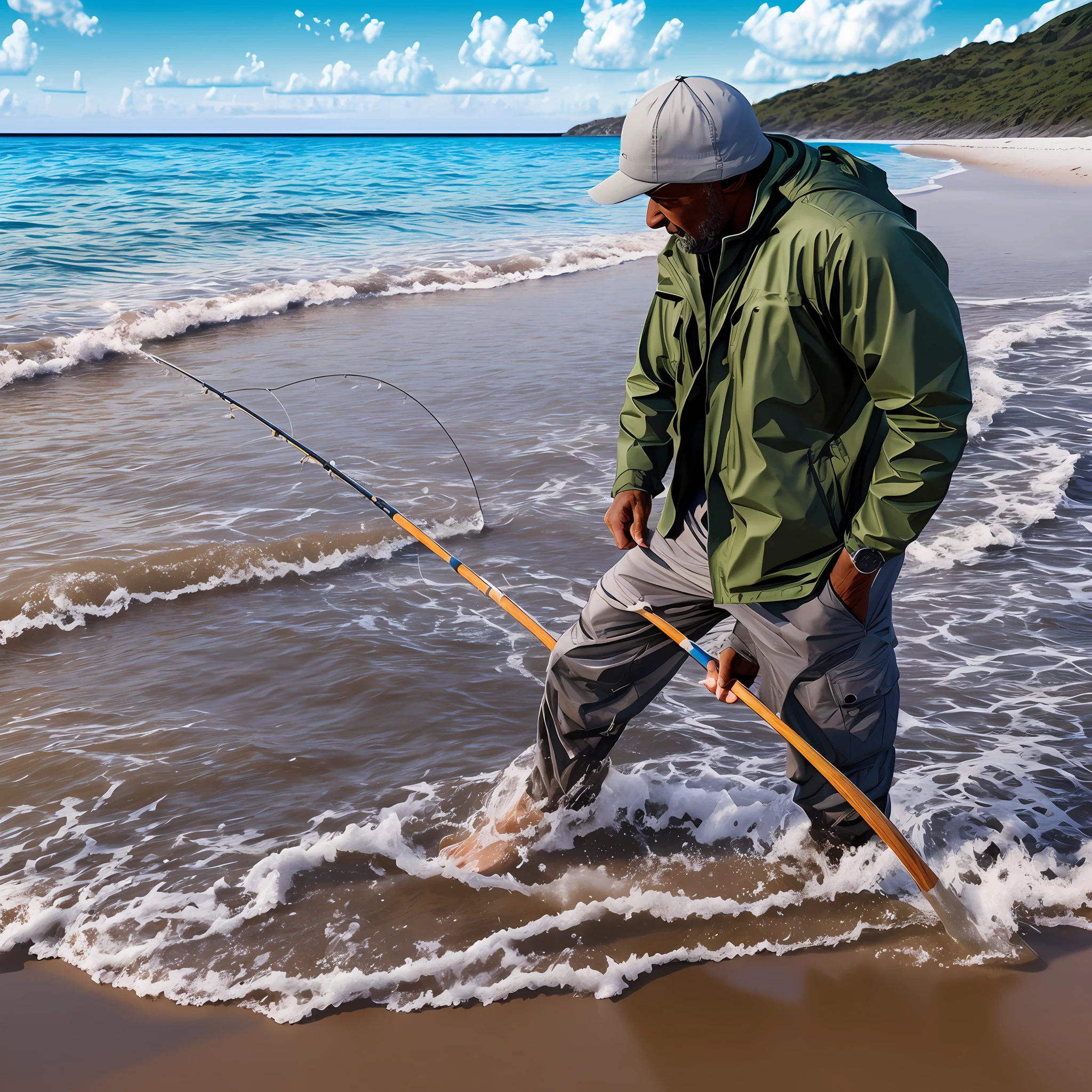 Man fishing on a beach. Photorealistic, hyperdetailed, high quality, 8k --auto --s2