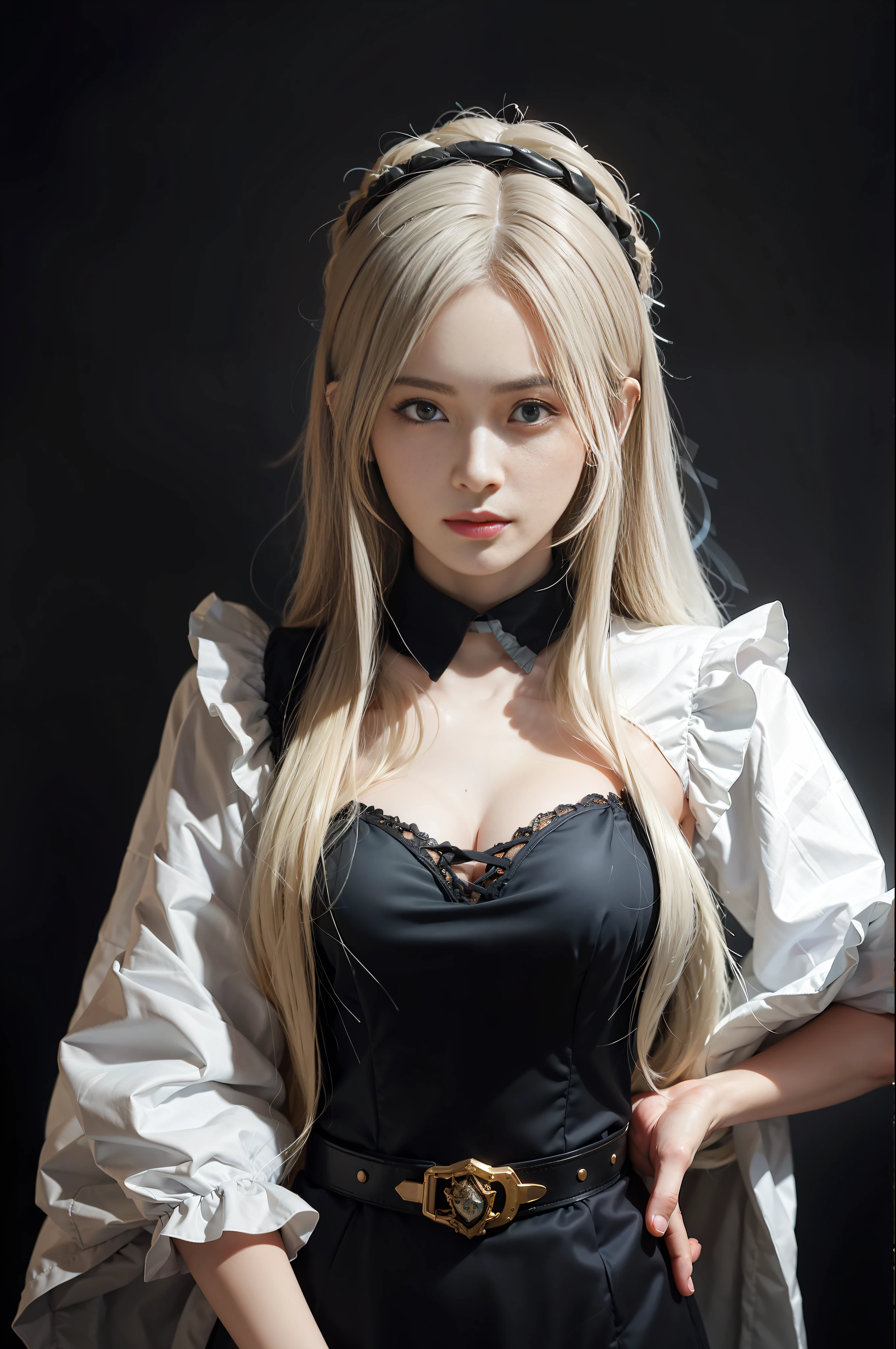 (In the Dark: 1.6), surreal female portrait by David Hockney and Alphonse Mucha, fantasy art, photorealism, dynamic lighting, artstation, poster, volumetric lighting, very detailed faces, 4k, Awarded,, 1girl, in the dark, deep shadow, low key, cowboy lens, (maid outfit: 1.4), long hair, white hair, bust, palace,