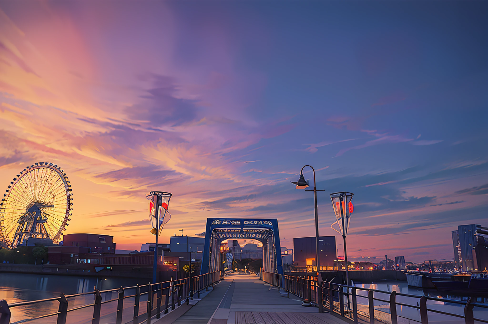 arafed view of a bridge with a ferris wheel in the distance, photography shot at blue hour, blue hour lighting, blue hour photography, golden and blue hour, blue hour, taken with sigma 2 0 mm f 1. 4, taken with sony a7r camera, taken with a canon eos 5d, taken with a canon eos 5 d