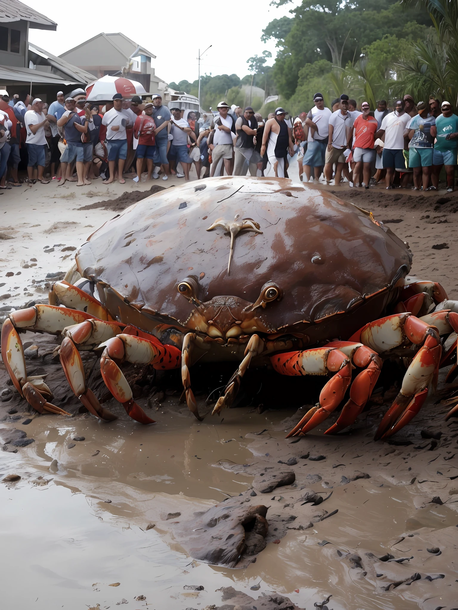 araffe crab laying in the mud with people watching, giant crab, huge crab, crab monster, crab, photograph credit: ap, headcrab, terrifying but fascinating, anthropomorphic crab, the photo shows a large, huge creature, it's very huge, tiger - crab creature, crabcore, crabs, elephant - crab creature, hermit crab titan