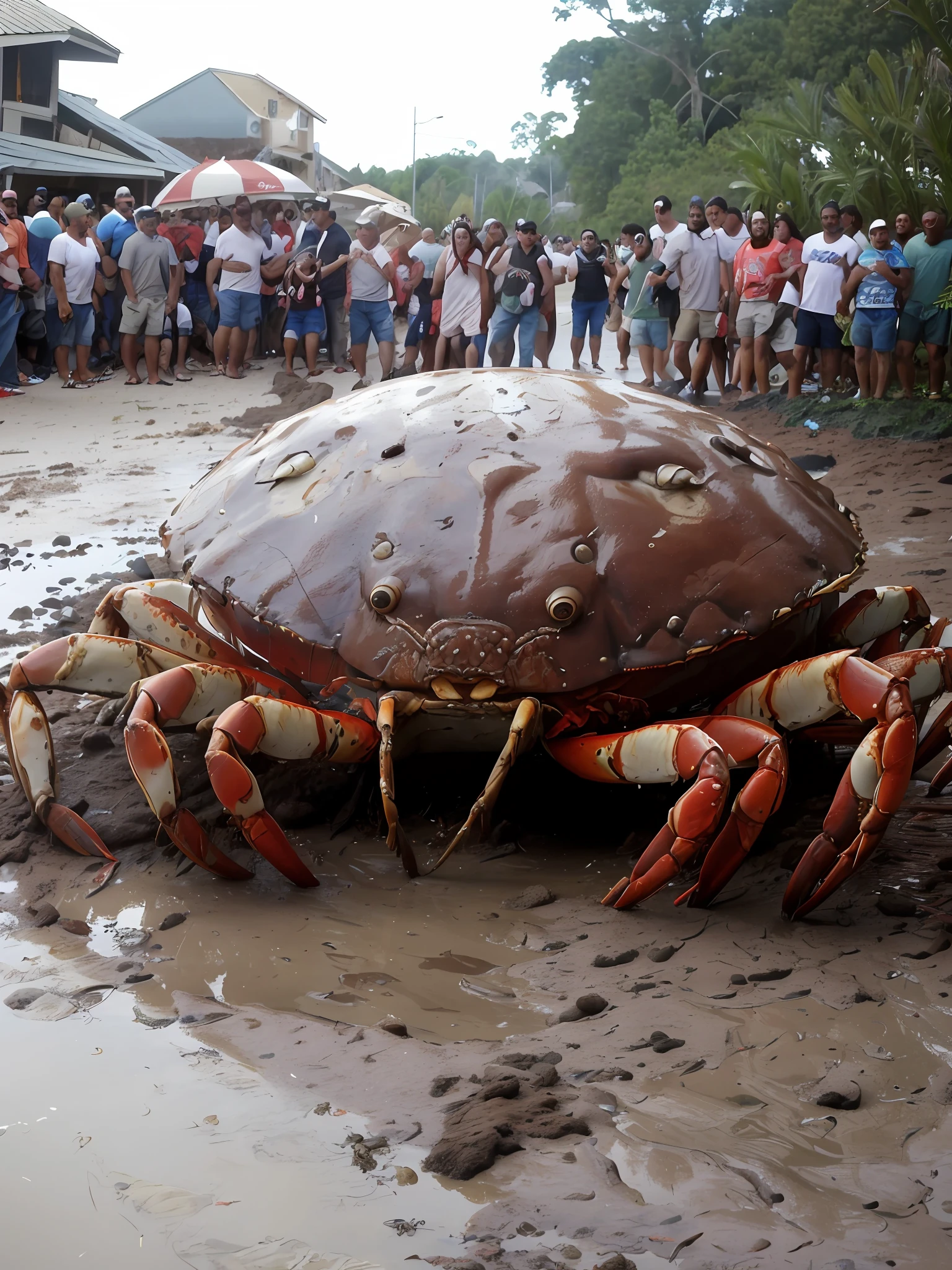 araffe crab laying in the mud with people watching, giant crab, huge crab, crab monster, crab, photograph credit: ap, headcrab, terrifying but fascinating, anthropomorphic crab, the photo shows a large, huge creature, it's very huge, tiger - crab creature, crabcore, crabs, elephant - crab creature, hermit crab titan