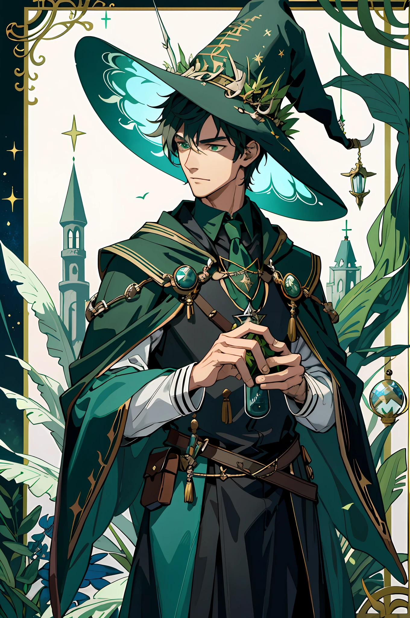 Masterpiece, Top Quality, 1 male, Student,Fair skin, Tall, Handsome, Beautiful, Fine eyes, Intricate details, Wizard, Black hat with a pointed brim, Spellbooks of various spells, Potion bottles with different materials, Enchanted forest with hidden wizard's hut, (Green God), Fairy Forest
