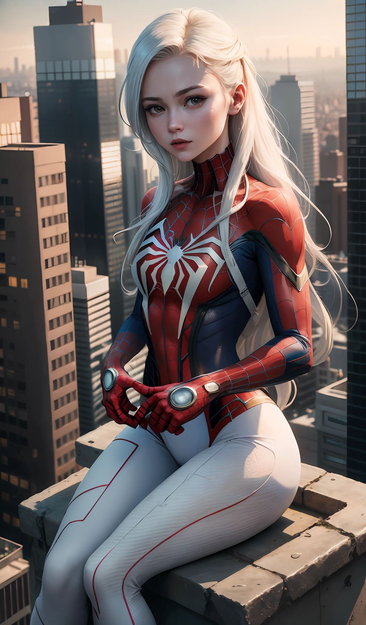 4k, realistic, carismatic, very detail, there is a girl on top city, wearing spiderman costum, she is a spiderman, white super hero theme, white long hair, 25 years old, full body