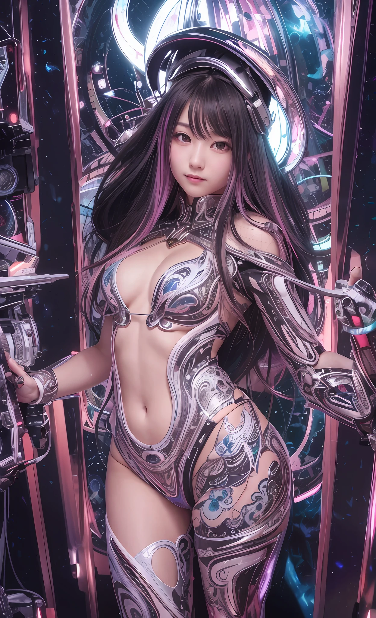 Masterpiece, Top Quality, Girls, Slender, Long Hair Spreading, White Skin, Medium, Pretty, Sexy, Halo, Near Future, Bikini, Too Exposed Skin, Psychedelic, Trip, Highly Colored, Paisley, Highly Colored, Cyberspace, Cyberpunk, Disco, Mirror Ball, Heavenly World, Lotus Flower, Buddhism, Mandala Theme, Open Legs, Eye Shadow, False Lashes, Blushing, Mechanical Left Arm, headgear, smile, full body