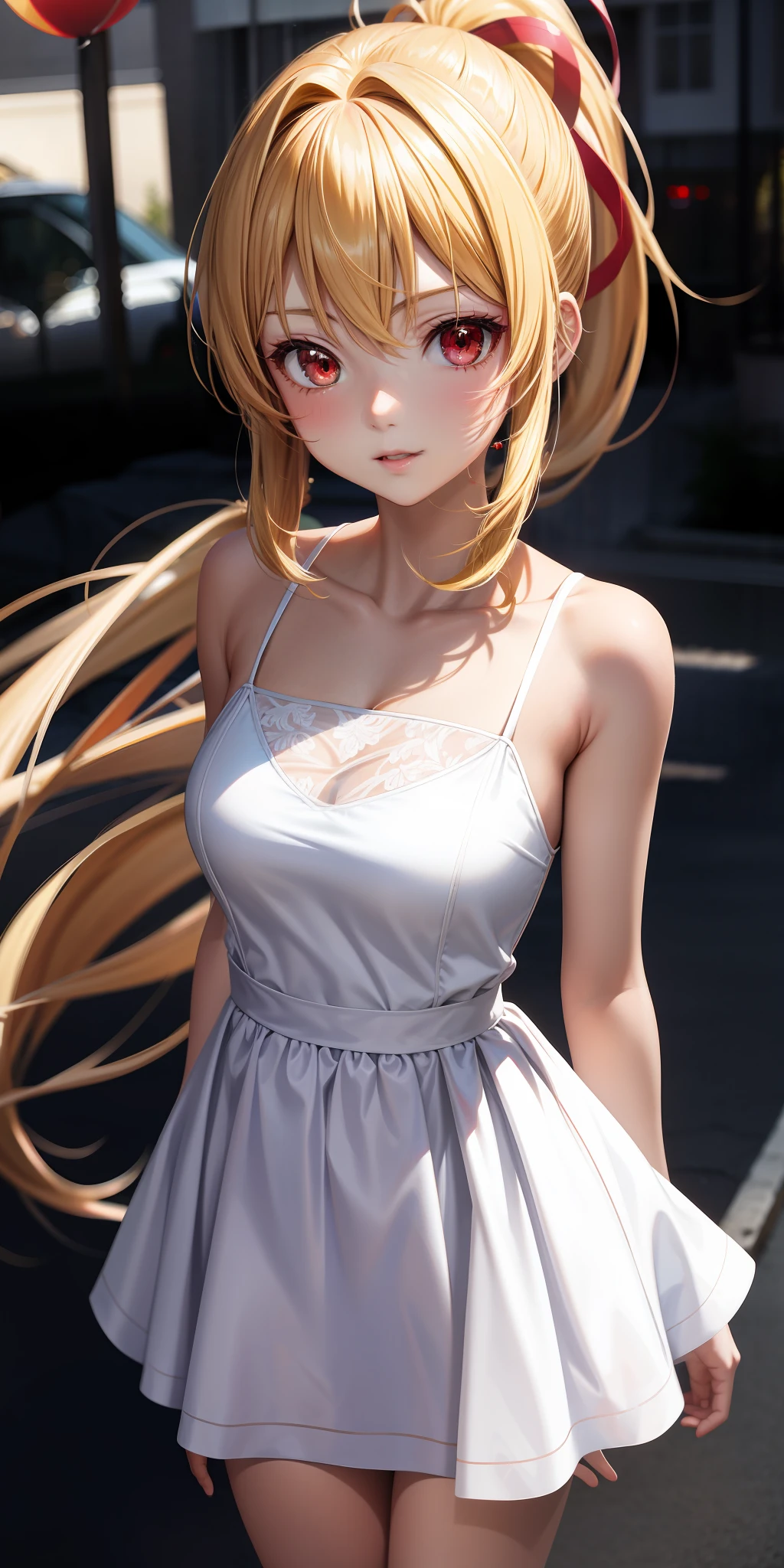 anime, girl single, blonde, ponytail, red eyes, sun, sunlight, party dress
