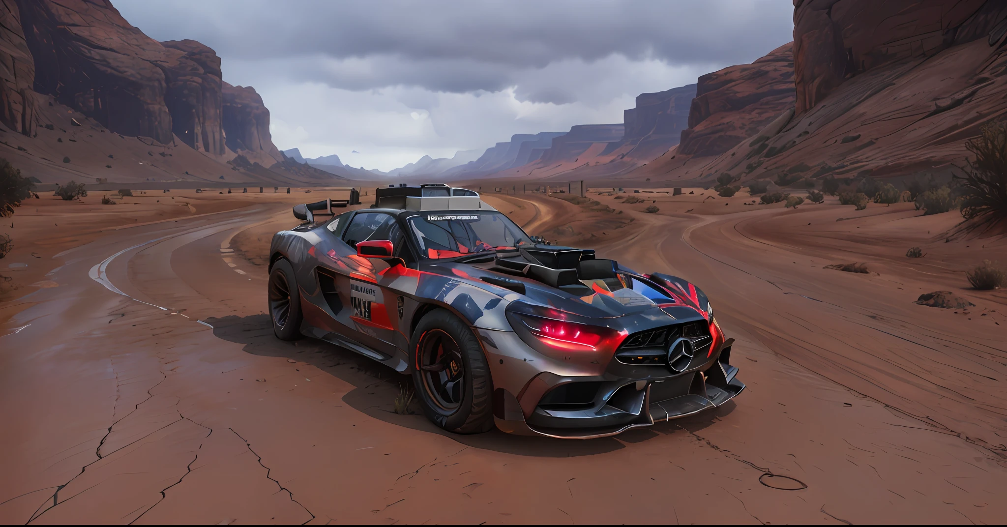 rage2vehicle_v2, vehicle, Forza Horizon supercar, (dynamic lighting), rtx, (street lighting), ((Maximum photorealistic)), (((car in front of the viewer))), (white Mercedes body))), ((ultra detailed ground after rain))) , tire marks in the mud, (( realistic weather storm)) , (( the surface of the car in the mud)), ( realistic ground))), (( open engine))), (( car rides on the viewer)))