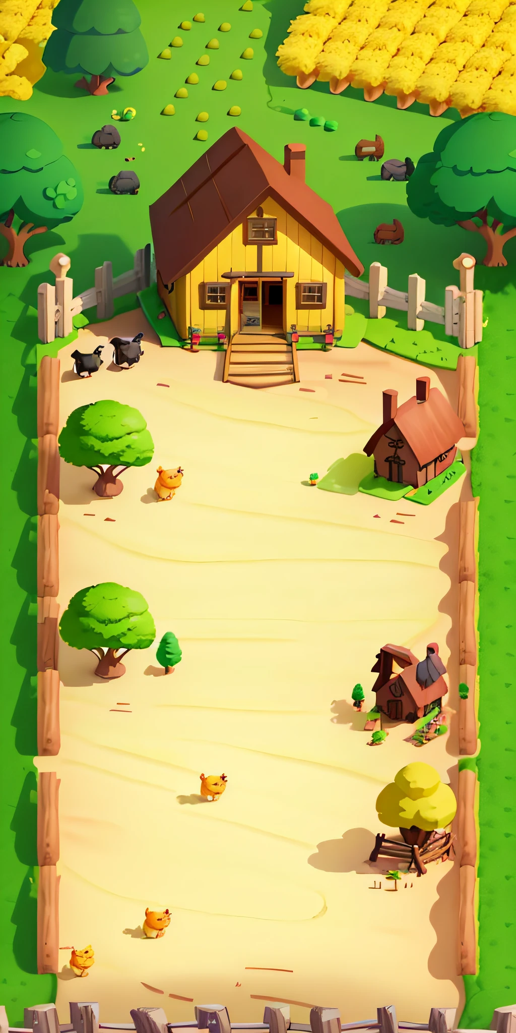 Results: (Side-scrolling game: 2.0), (Yellow Earth: 1), (Fence: 0.8), (Farm critters: 0.3), The side-scrolling game background depicts the wooden house of the farm in the upper part of the screen. In the lower part of the picture, there is a meadow, and in the distance, there is a wooden cottage of a farmhouse