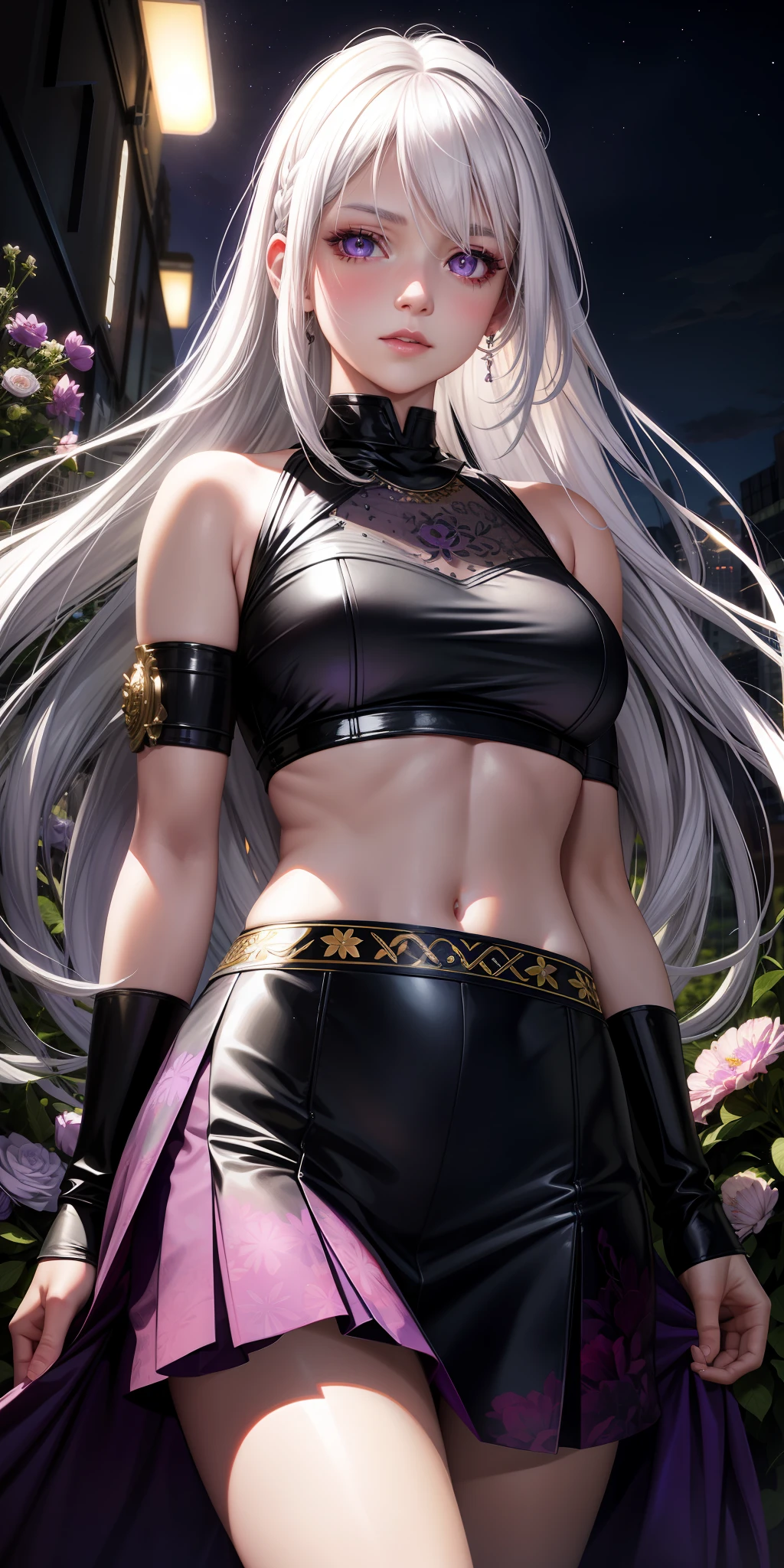 realistic, 1girl, white hair, purple eyes, glowing eyes, crop top, skirt, parted lips, blush, night, flowers, sun, sunlight,