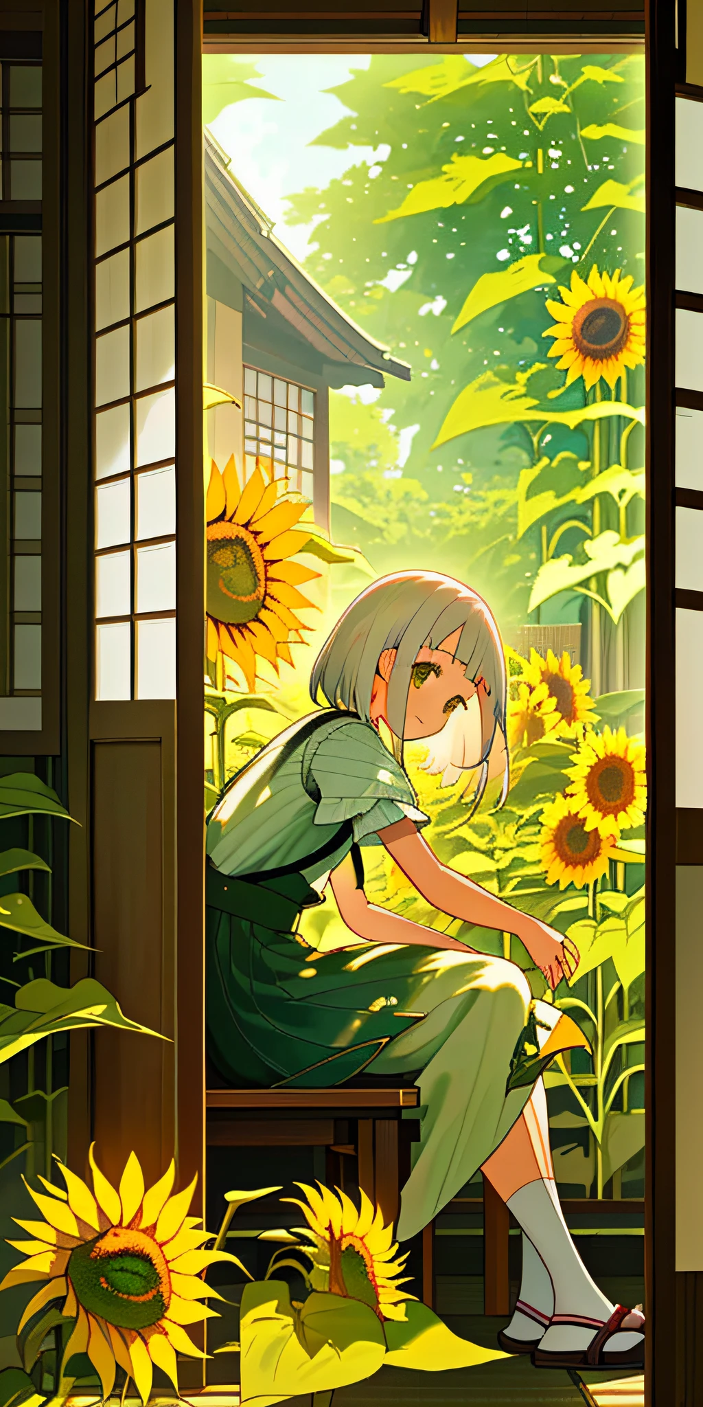 (Masterpiece, best quality, white-haired girl sitting in suspender at the door blowing fan, patches of sunflower flowers outside the window, summer sunny, Japanese-style cottage, green, healing.)