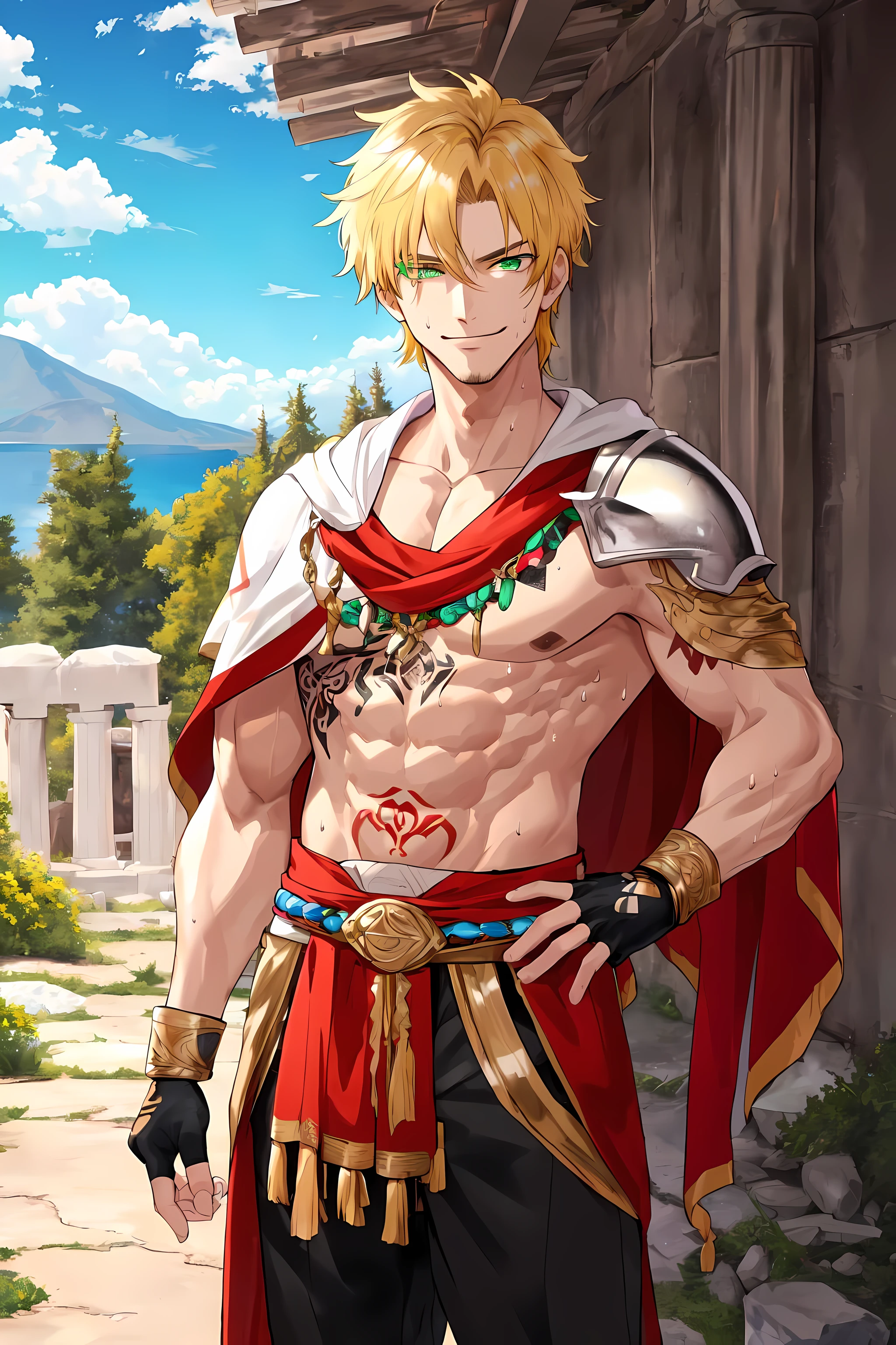 (highres:1.2), (ultra-detailed:1.2), (((traditional media))), (extremely detailed CG unity 8k wallpaper:1.2), (best shadow), HDR, cowboy shot;
(1girl), hoplite, (greek clothes:1.2) white robes (peplos|chiton|himation), shawl, (linothorax armor), muscular, outdoors, leggings, mountainous horizon, tanned;
smug, smirk, (blonde hair), (green eyes), (eyeshadow) (tattoo), fingerless gloves, oiled, sweat