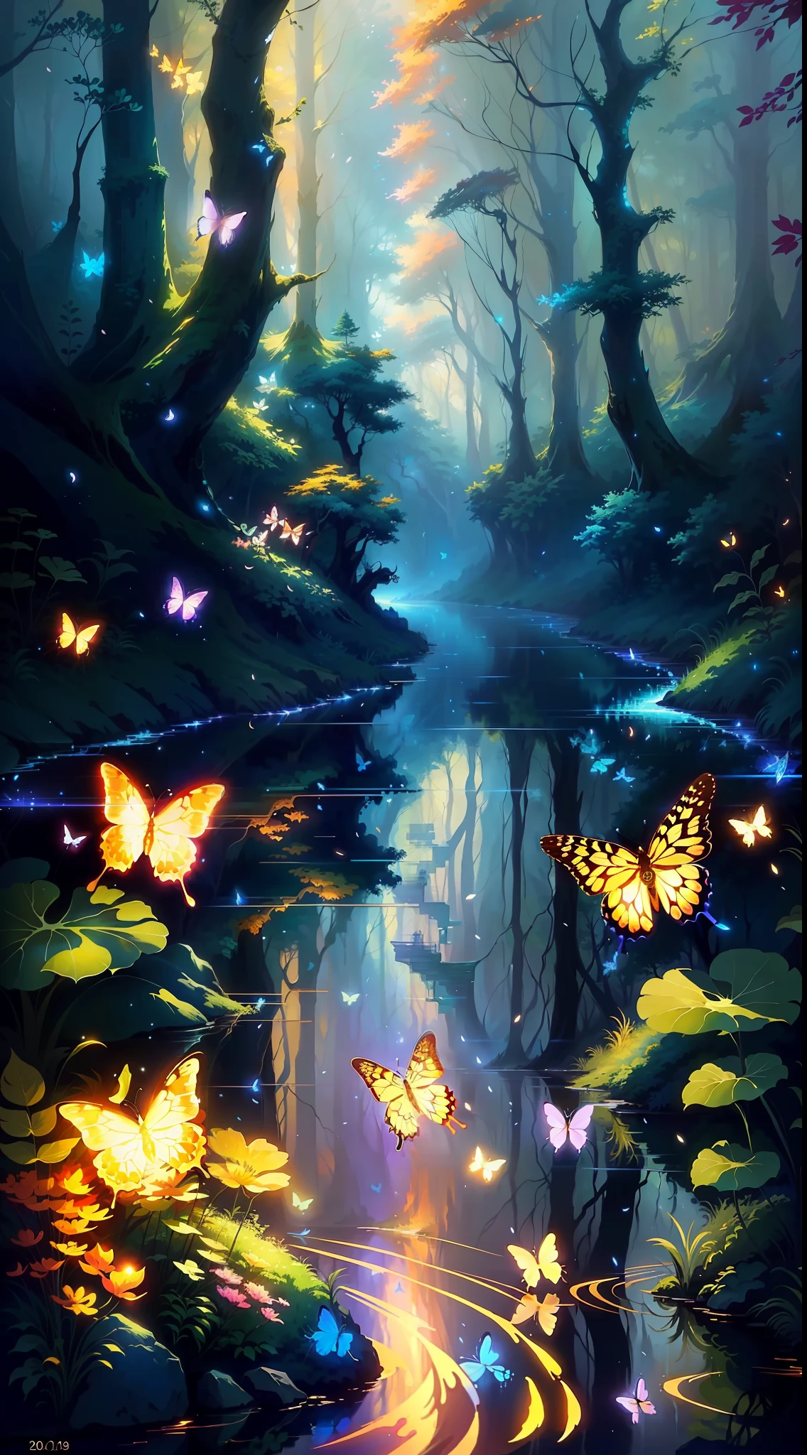 a painting of a stream in the woods with butterflies flying around, beautiful digital artwork, makoto shinkai cyril rolando, magical environment, glowing butterflies, very beautiful digital art, anime nature, 4k detailed digital art, inspired by Cyril Rolando, anime nature wallpap, beautiful digital art, magical forest with fireflies, by Yang J, a beautiful artwork illustration