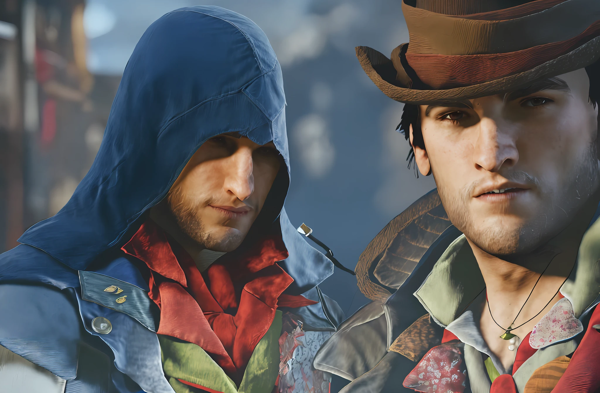 Photo of Arnoldorian and Jacob Fry, Assassin, Assassin's Creed, Highly detailed characters, medium shot of two characters, man on the left wearing a hood, man on the right wearing a gentleman's top hat chiaroscuro, depth of field, Baroque, lens flare, Sony FE, masterpiece, high detail, ultra-clear texture