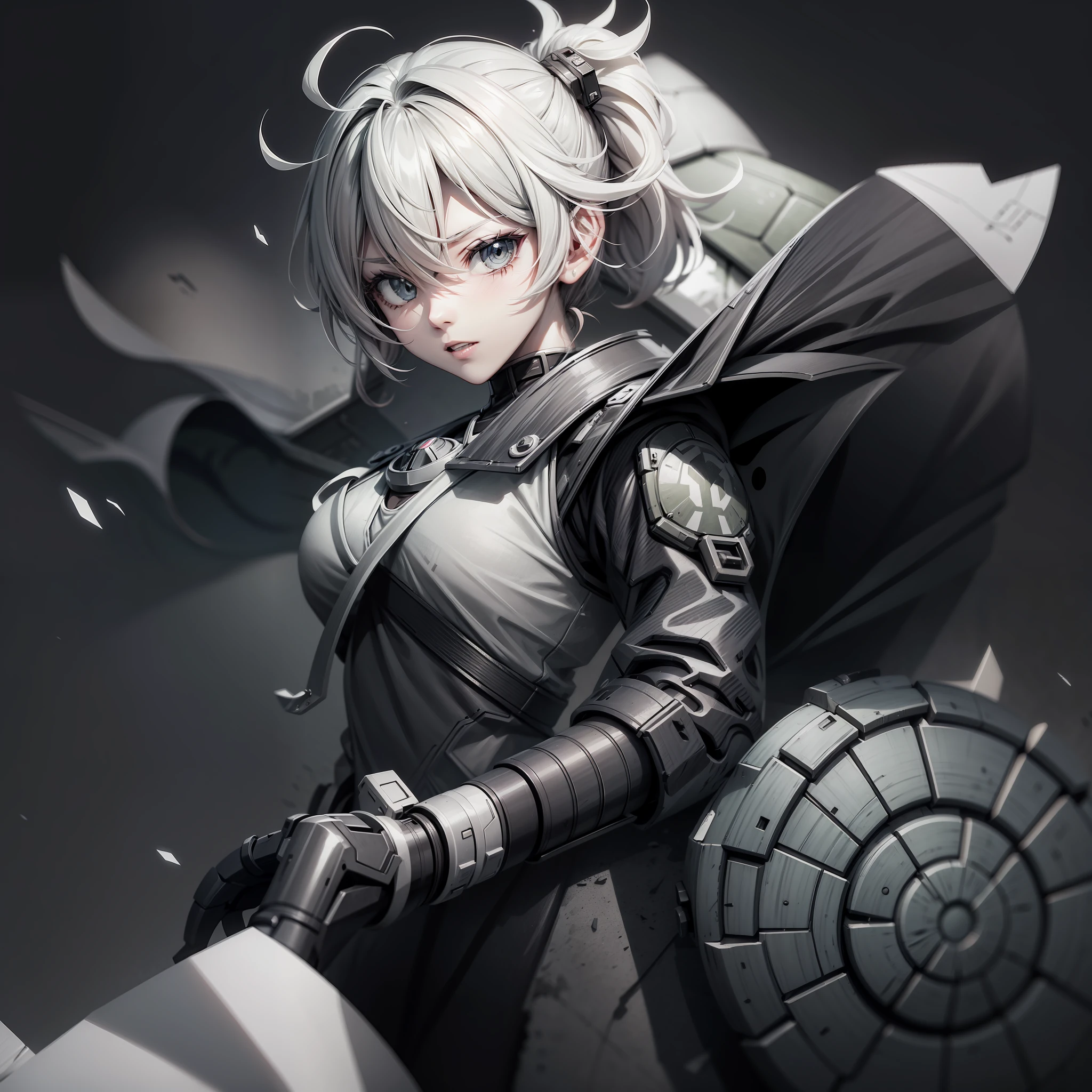Line style, battle damage wind, turtle back double gun, scan, black and white, sketch, light and shadow, projection, cute --auto --s2