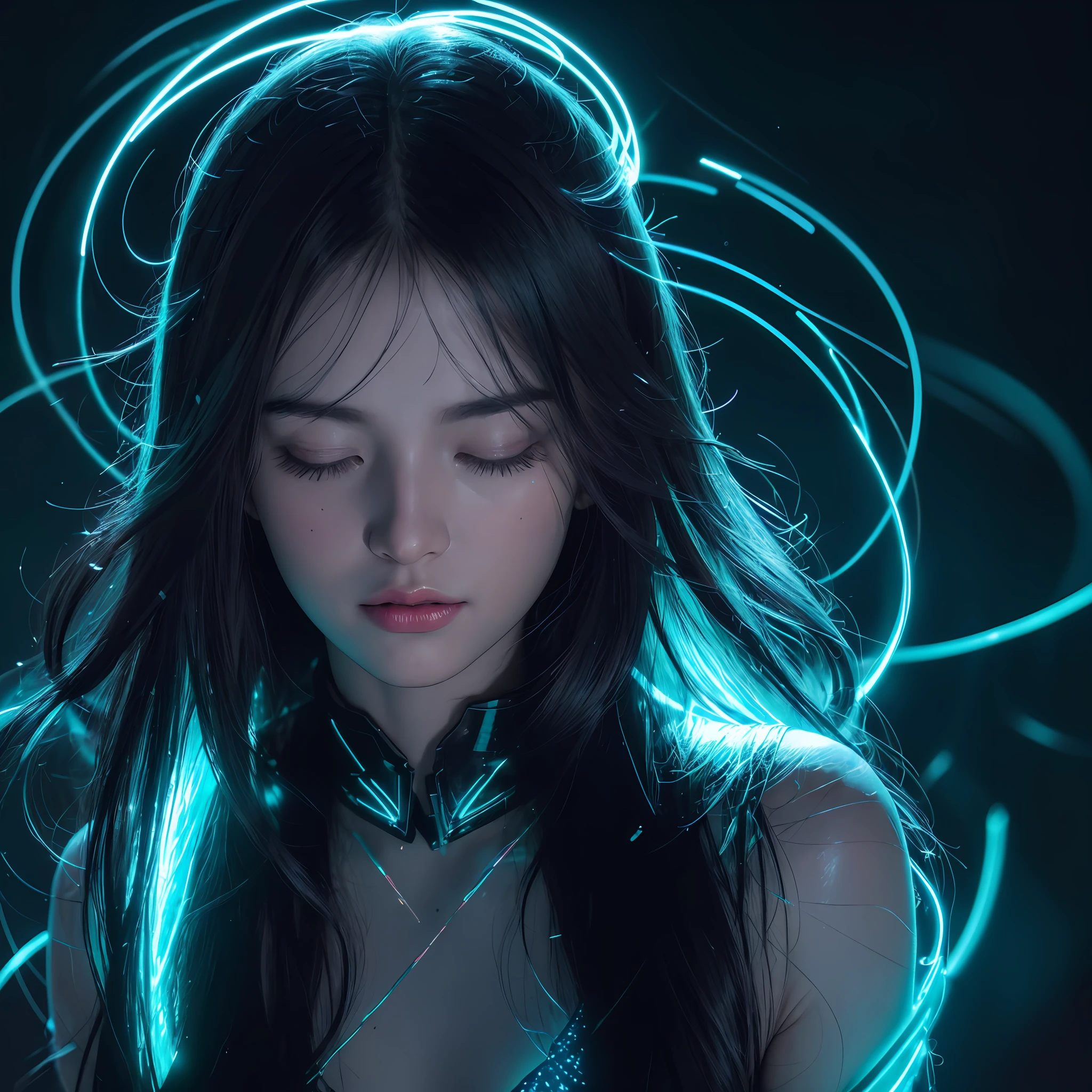 medium full shot of a beautiful Caucasian princess with long dark hair, serene, eyes closed, Best quality, masterpiece, ultra high res, (photorealistic:1.4), (surrounded by Thin neon light webs: 1.2), (Thin colorful neon luminescent lines scattered irregularly all around the scene: 1.2), Vivid color neon lit face, raw photo,( EEG nodes on scalp) brain computer interface ((Dark background)), insanely detailed, hyperdetailed painting, luminism, Light strobes, complex, volumetric lighting, bioluminescence : a stunning realistic photograph , professional photography, dark, cinematic, glossy flecks of iridescence, tendrils of colorful light, digital shaman, portrait of a cosmic entity, synesthesia, iridescent, Light painting photography