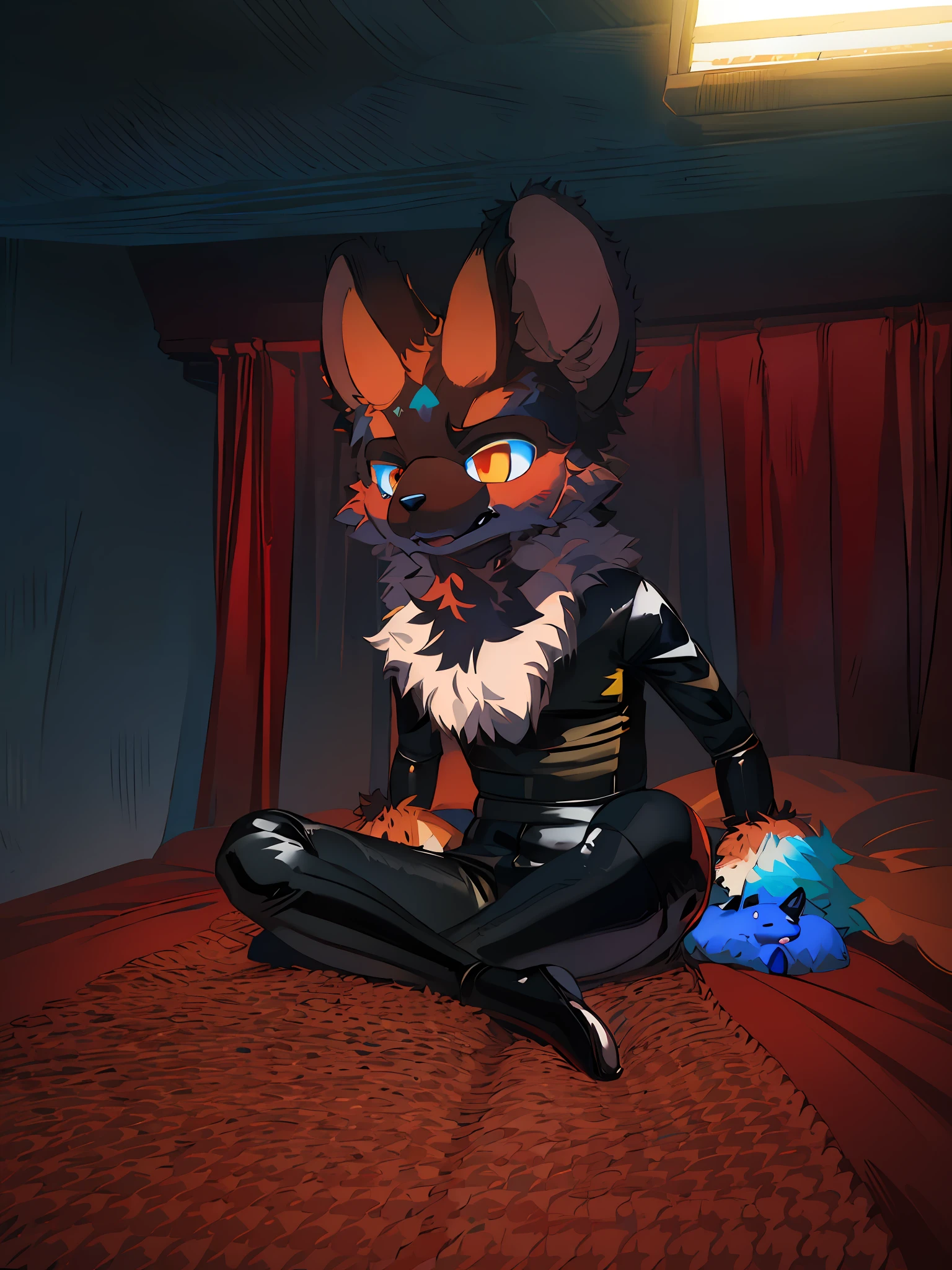 There's a stuffed toy sitting on the bed, anatomically correct Vulpine, full body with costume, latex suit, SFW version, fur set!!, humanoid mosquito wolf, furry character, highly detailed full body, full body detail, detailed full body, SFW, fully flexible, furry, latex clothing