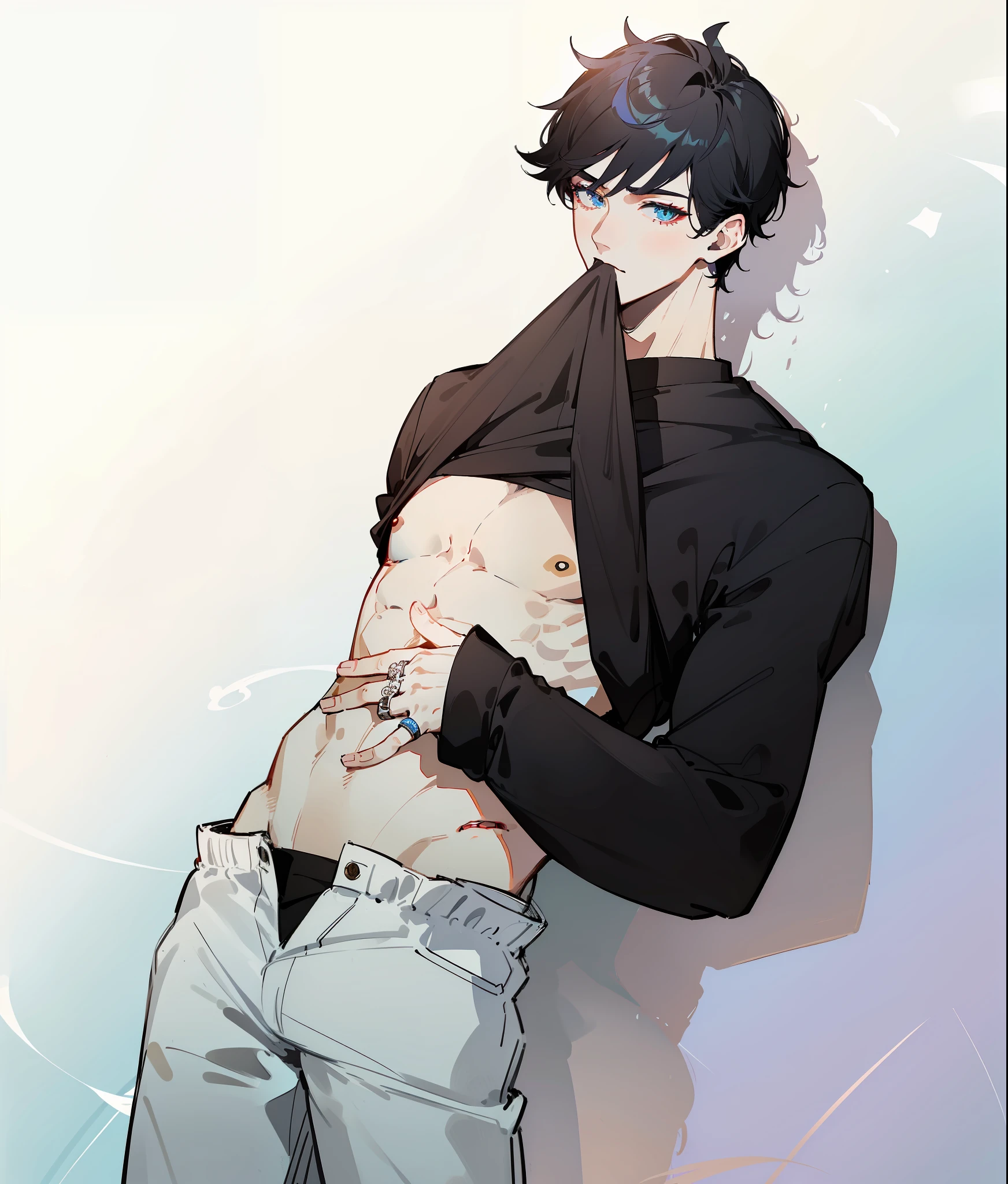 (((1boy))), ((toned)), male focus, masterpiece, high quality, (masterpiece:1.2), (best quality:1.2), shiny, realistic, ornate, intricate, shirtless skin, (((black hair)), (short hair), blue eyes, bangs, hair between eyes, hair_stick, hot_boy, fashion_clothes, ring, solo, pointy_ears, hair_bun, hair_ornament, hair_pin, holding_fan, paper_fan, elegant, looking_at_viewer, holding_fan,  red_eyeliner, FH , looking at the horizon, pupils constricted, (shadows cast over the face:1.3), dark room, shadow room, sexy expression, (upper body),