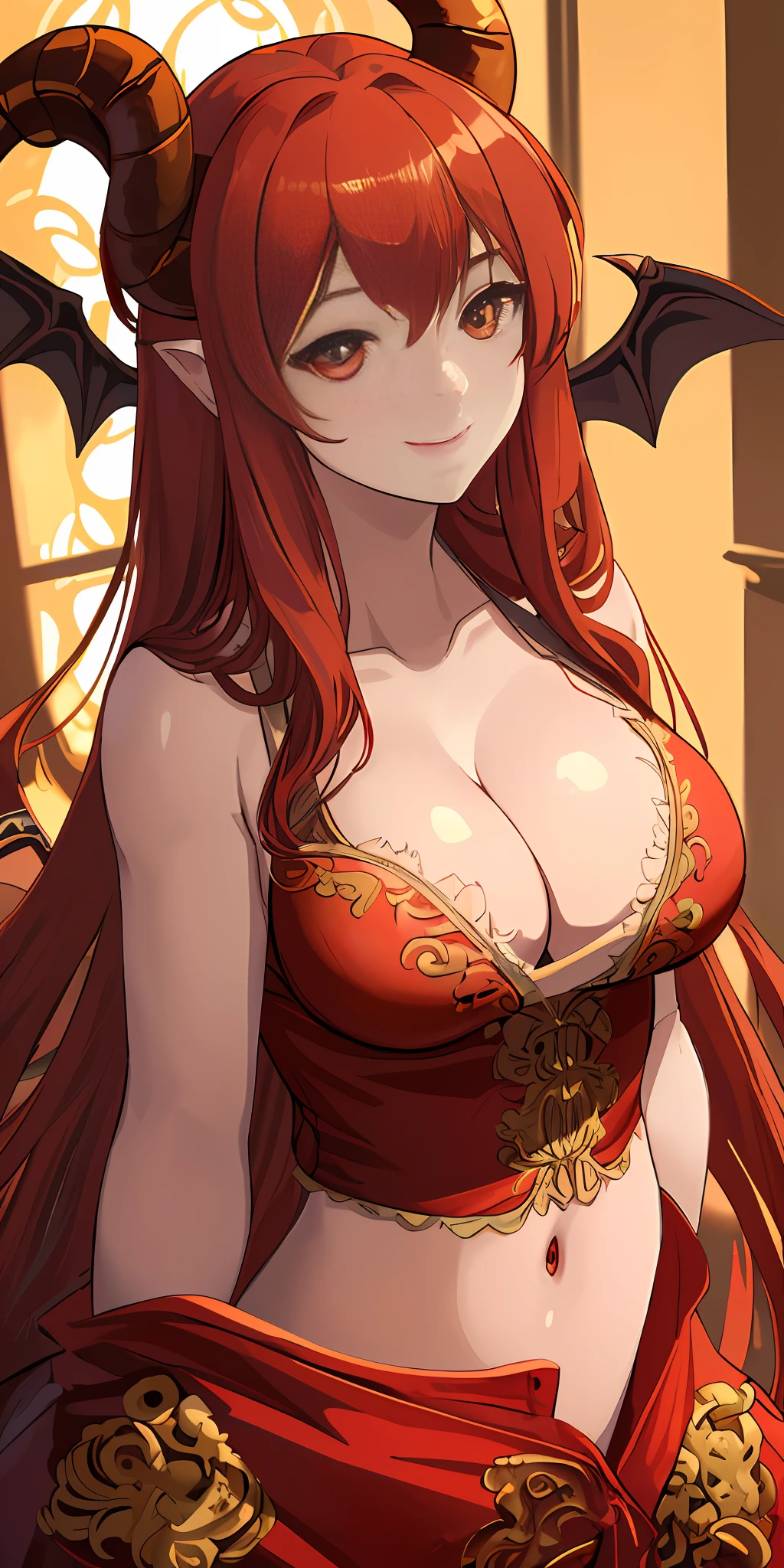 masterpiece, best quality, absurdres, ultra-detail, 1girl, upper body, focus on face, big golden eyes, very long hair, red hair, large breasts, ((cleavage)), ((demon)), demon horn, perfect face, lustrous skin, seductive smile, light rays, detailed background, intricate background,nsfw