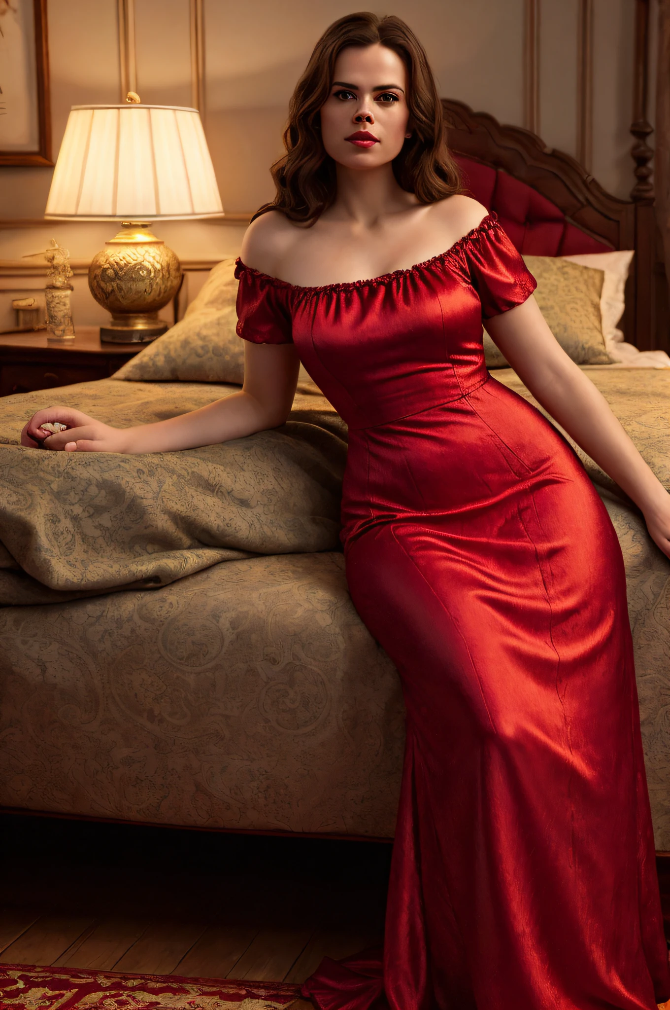 (Thirty year old) woman, Hayley Atwell, wearing a (red floor length silk chemise::1.2), beautiful legs, (extra long hair::1.2), looking straight at camera, smouldering, (detailed skin texture::1.2), (detailed anatomy), romantic bedroom, four poster bed, log fire, Intricate, 8k, highly detailed, (extremely detailed CG unity 8k wallpaper), Hyperrealistic, trending on CGSociety, Intricate, High Detail, Soft focus, dramatic, warm red light, light bloom, digital painting, intense, modelshoot style, (extremely detailed CG unity 8k wallpaper), full shot body photo of the most beautiful artwork in the world, pearl skin, trending on ArtStation, photorealistic painting art by midjourney