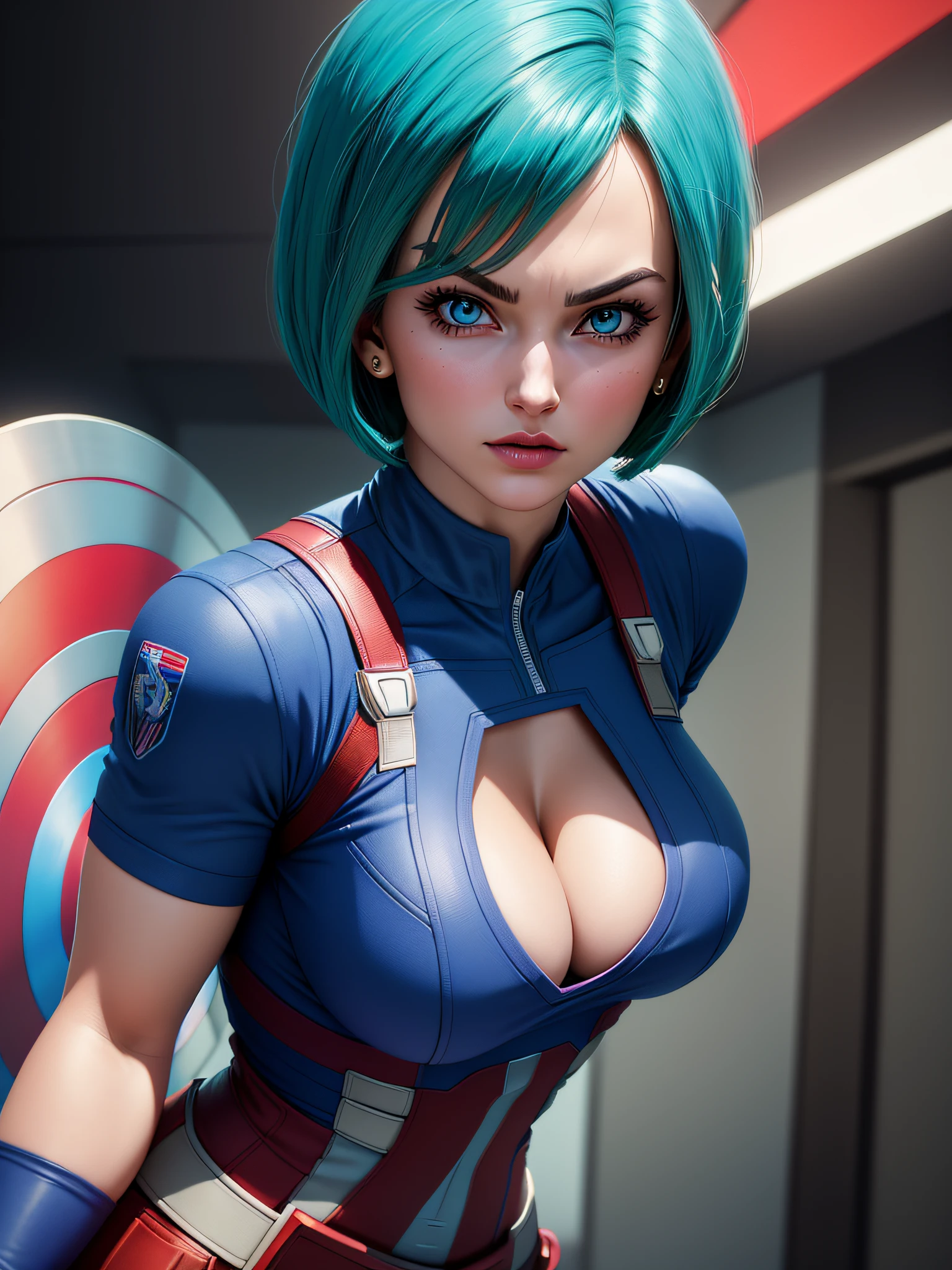 portrait closeup lone (buruma_brief_older Buruma_DBZ_Cell)1.4, (cleavage large_breasts, stylish bob haircut)1.2 (dressed as Captain America), standing, front view, (high detailed skin:1.2)(realistic pupils,realistic iris:1), 8k uhd, aqua_hair