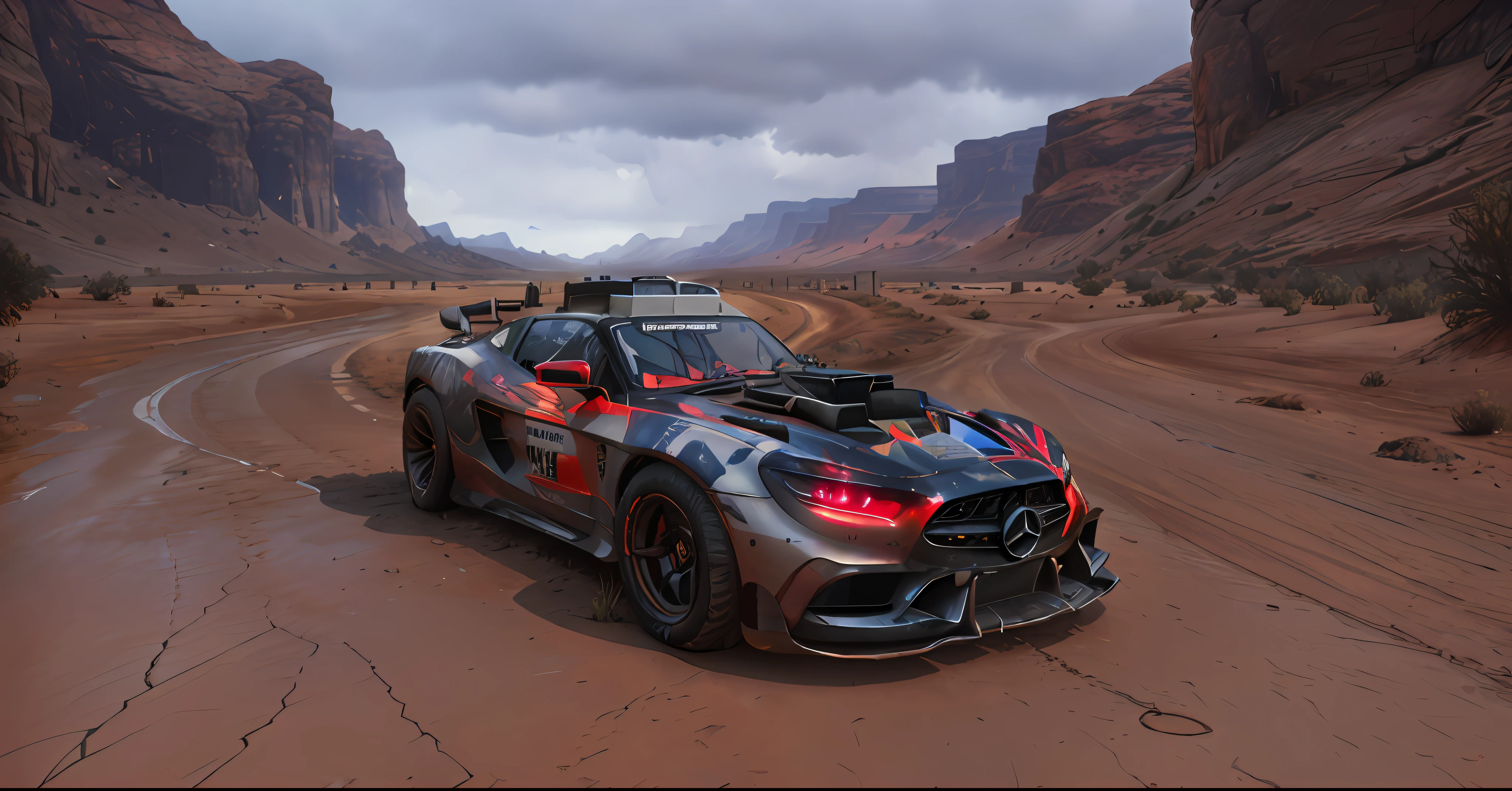 rage2vehicle_v2, vehicle, Forza Horizon supercar, (dynamic lighting), rtx, (street lighting), ((Maximum photorealistic)), (((car in front of the viewer))), (white Mercedes body))), ((ultra detailed ground after rain))) , tire marks in the mud, (( realistic weather storm)) , (( the surface of the car in the mud)), ( realistic ground))), (( open engine))), (( car rides on the viewer)))