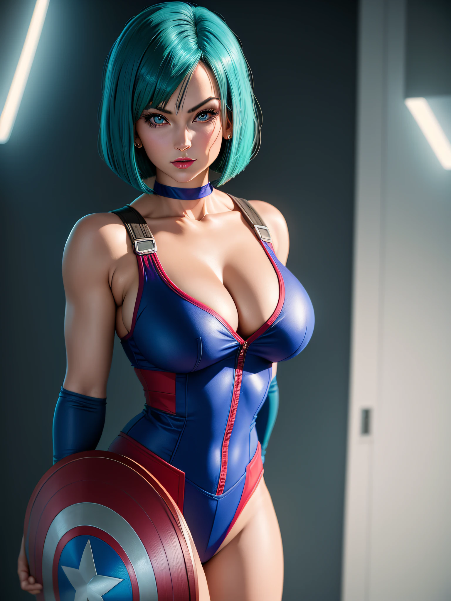 portrait closeup lone (buruma_brief_older Buruma_DBZ_Cell)1.4, (cleavage large_breasts, stylish bob haircut)1.2 (dressed as Captain America), standing, front view, (high detailed skin:1.2)(realistic pupils,realistic iris:1), 8k uhd, aqua_hair