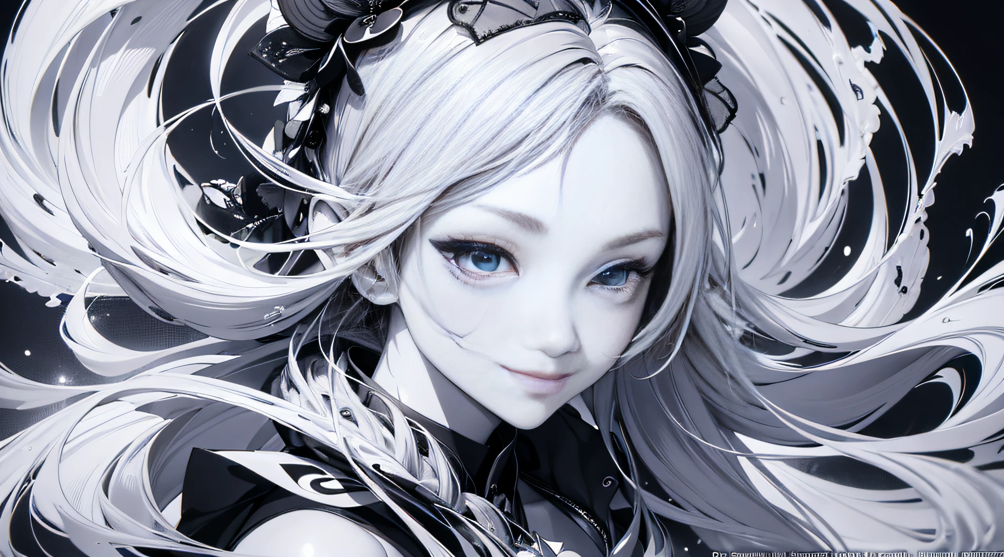Masterpiece, best quality, young beautiful girl, super detailed, official art, Unity 8k wallpaper, Smirk, sumi'e style, (expressive brushstrokes):1.2, ink, gradient, monochrome, poetic atmosphere, delicate balance, fluid movement