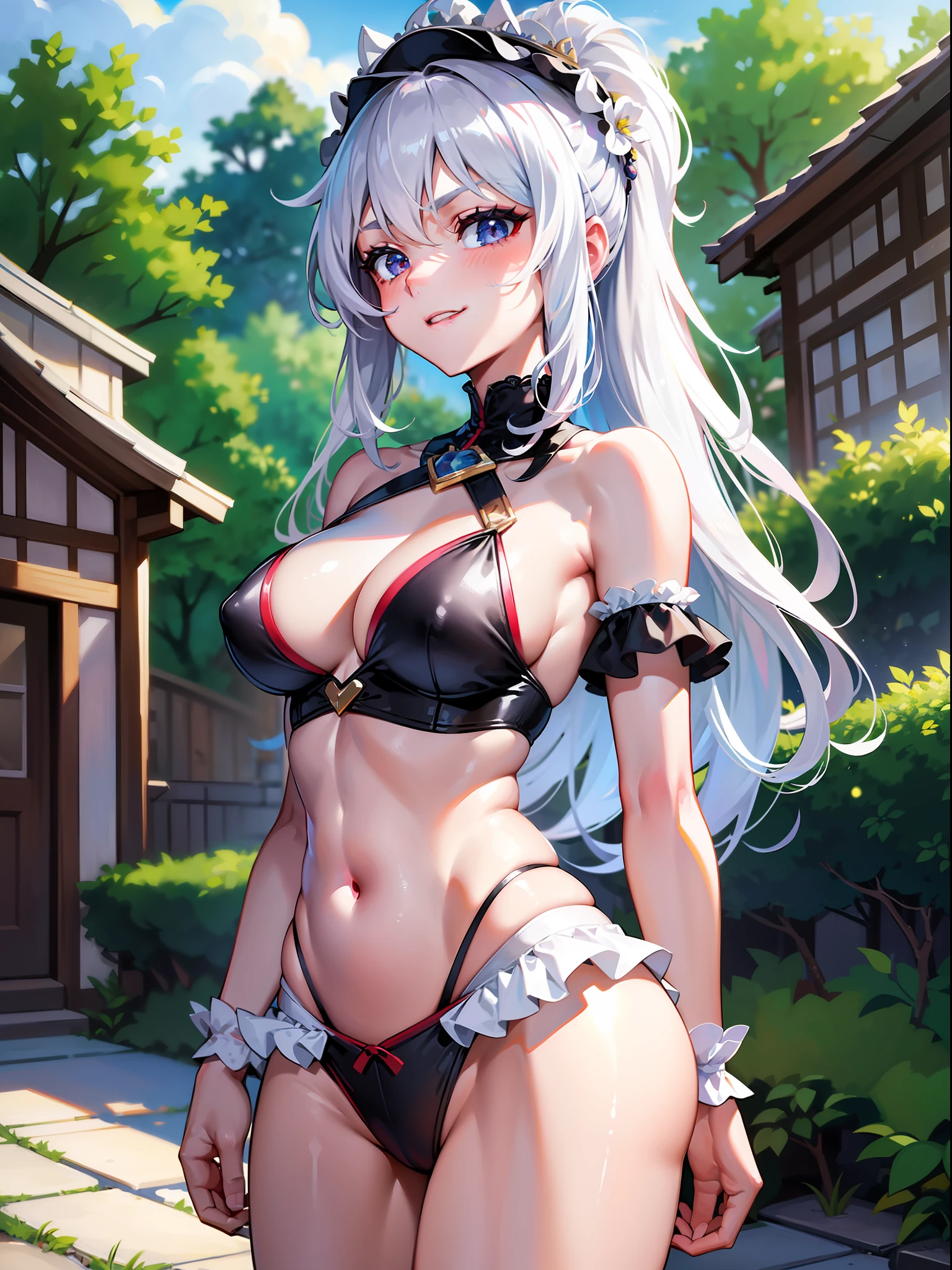 Red hair, light blue eyes, veil, arm cover, medium hair, wig, seductive sparkly blueberry dance costume, white hair, white and yellow cloth, red eyes, black long gloves, super delicate, dream, partially colored, game CG, side boob, solo focus, petite girl, woman, baby, 5 years old, long hair, blue striped hair, parted bangs, eyes visible through the hair, short ponytail, hair intake, gray hair, multicolored hair, flowing hair, girl disgusted face, thoughtful, V-shaped eyebrows, bright eyes, blue ears, parted lips, delicate hands, flat chest, belly, blond eyes, white skin, red ribbon, iridescent jewelry hat, UHD, retina, masterpiece, accurate, anatomically correct, textured skin, super detail, high detail, high quality, award-winning, top quality, high resolution, 1080P, HD, 4K, 8K, 16K, 1girls blonde fair skin small teen girl and curvy brown skin brunette adult woman holding hands in front of their house wearing swimsuits. sitting pool side, smiling to the camera, holding breast, rural house exterior, pool background, trendy in pixiv. anime style, (masterpiece), best quality, perfect eyes, perfect face