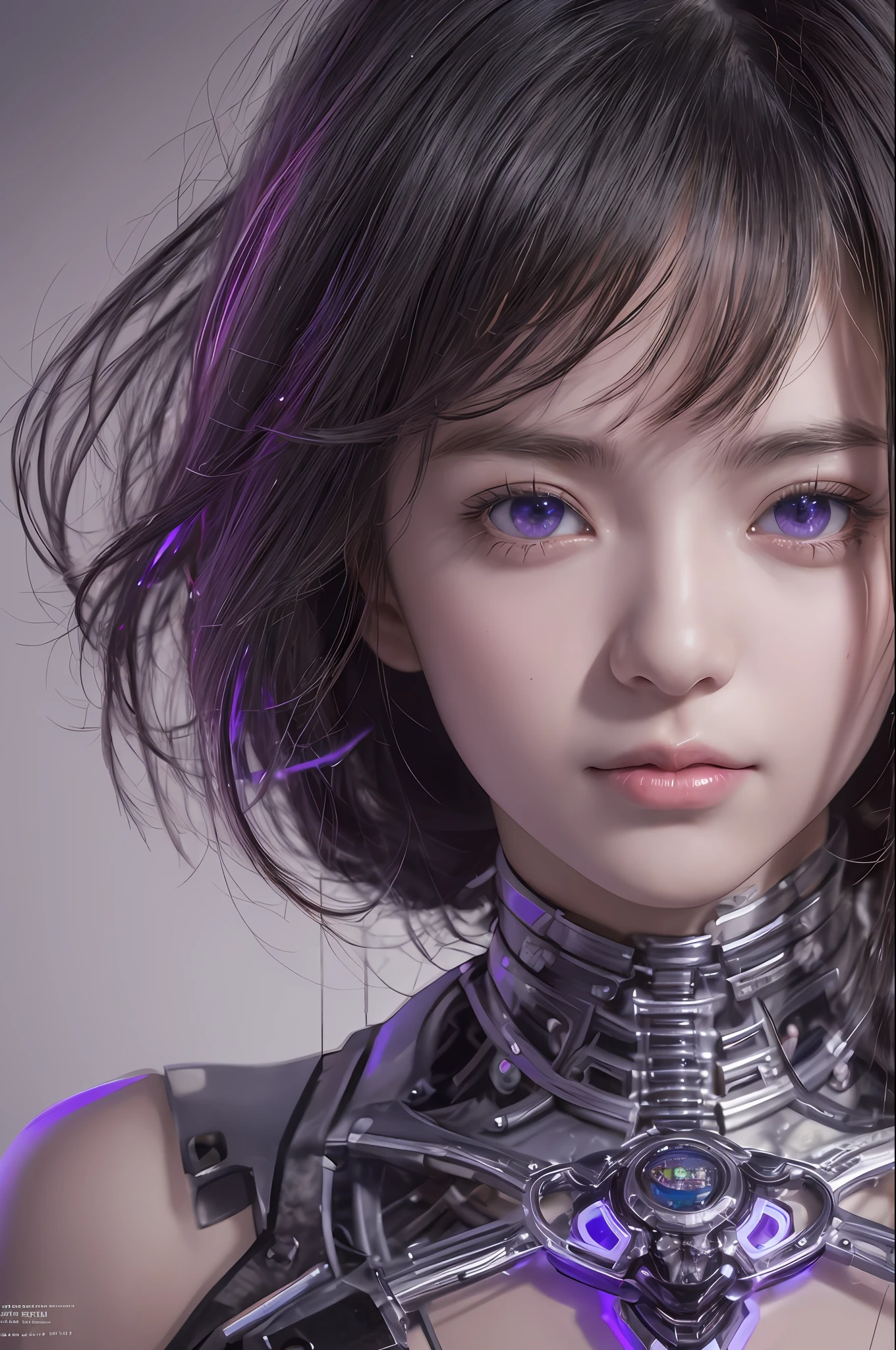 Top Quality, Masterpiece, Ultra High Resolution, (Photorealistic: 1.4), Raw Photo, 1 Girl, Black Hair, Glossy Skin, 1 Mechanical Girl, (Ultra Realistic Detail)), Portrait, Global Illumination, Shadows, Octane Rendering, 8K, Ultra Sharp, Big, Cleavage Exposed Raw Skin, Metal, Intricate Ornament Details, Japan Details, Very intricate details, realistic light, CGSoation trend, purple eyes, glowing eyes, facing the camera, neon details, mechanical limbs, blood vessels connected to the tube, mechanical vertebrae attached to the back, mechanical cervical attachment to the neck, sitting, wires and cables connecting to the head, gundam, small LED lamps,