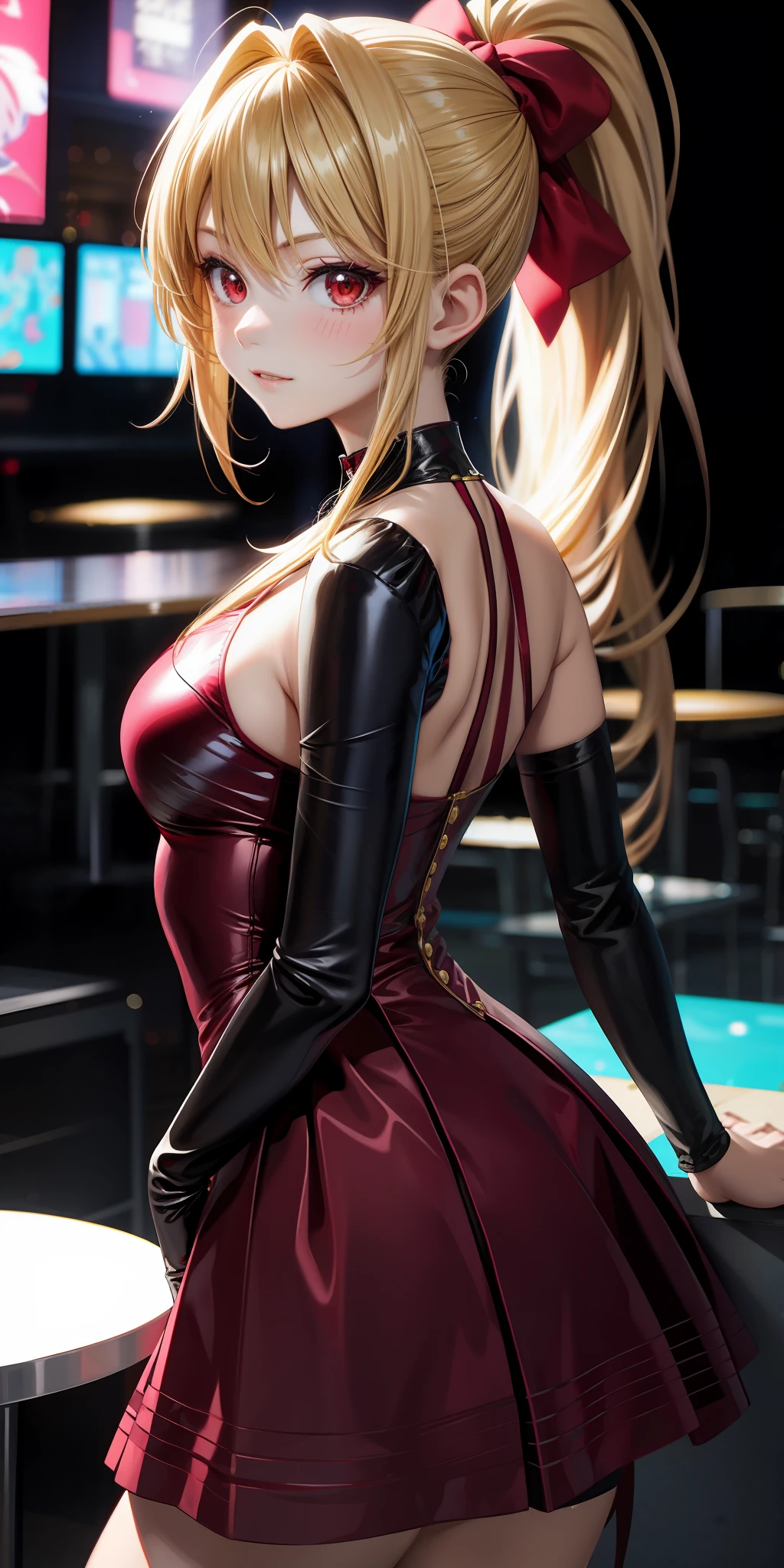 anime, single girl, blonde, ponytail, red eyes, party dress, party venue