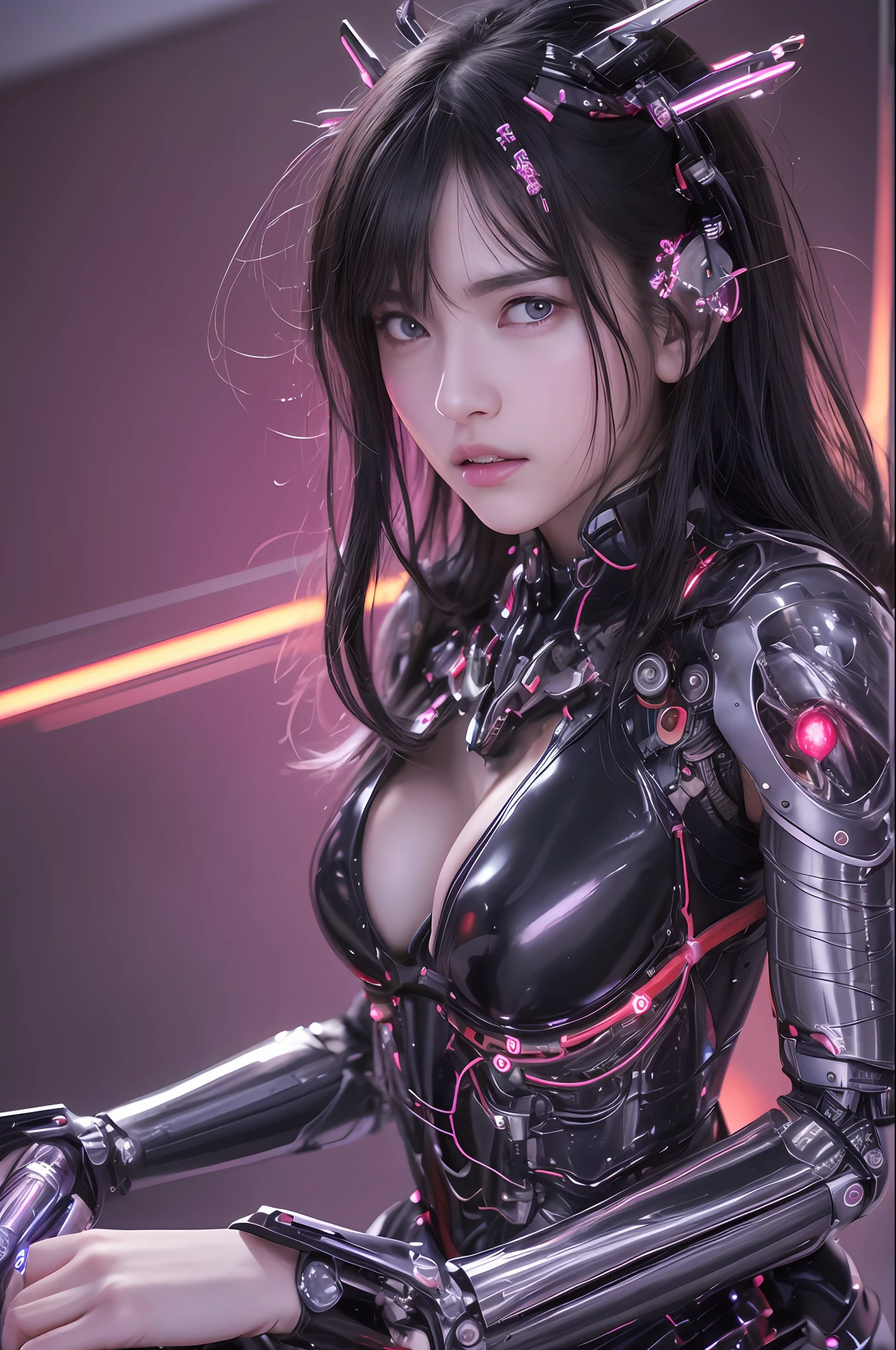 Top Quality, Masterpiece, Ultra High Resolution, (Photorealistic: 1.4), Raw Photo, 1 Girl, Black Hair, Glossy Skin, 1 Mechanical Girl, (Ultra Realistic Detail)), Portrait, Global Illumination, Shadows, Octane Rendering, 8K, Ultra Sharp, Big, Cleavage Exposed Raw Skin, Metal, Intricate Ornament Details, Japan Details, Very intricate details, realistic light, CGSoation trend, purple eyes, glowing eyes, facing the camera, neon details, mechanical limbs, blood vessels connected to the tube, mechanical vertebrae attached to the back, mechanical cervical attachment to the neck, sitting, wires and cables connecting to the head, gundam, small LED lamps,