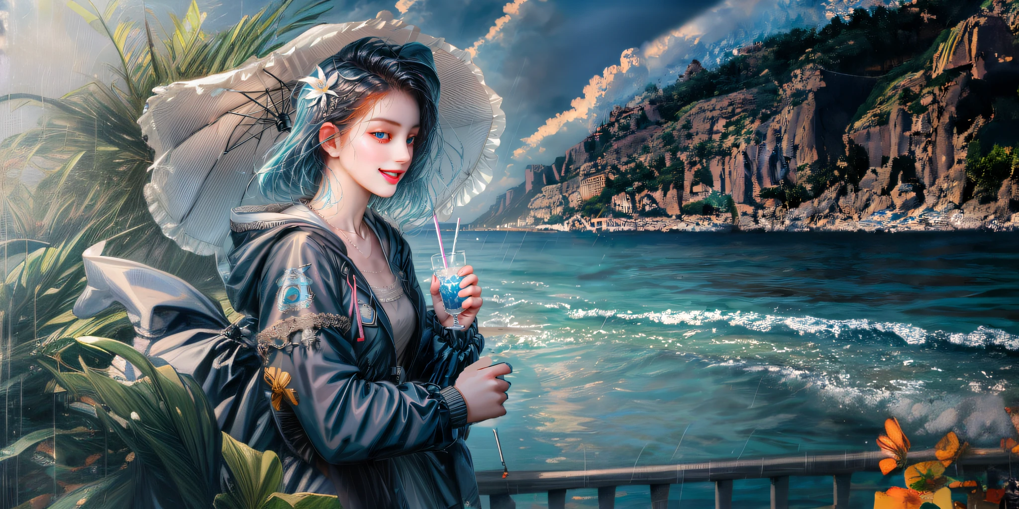 ((best quality)), (masterpiece:1.2),(delicate and beautiful girl), illustration,reailty,8K CG,1girl,orange hair,very long hair,blue eyes,looking at viewer,rain,rainy day,raincoat, school uniform,towncar,street,traffic light, (masterpiece), (best quality), delicate facial features,portrait,((hard lines))_(1 boy),handsome,aqua hair,jacket,sticker,((hard lines))_ 1girl, bangs, beach, ((sketch)),beach_umbrella, black_hair, blue_eyes, blue_jacket, blue_sky, boat, cloud, cloudy_sky, collarbone, cup, day, drink, drinking_glass, drinking_straw, flower, hair_between_eyes, hair_flower, hair_ornament, hat, holding, holding_cup, hood, hood_down, hooded_jacket, hoodie, horizon, jacket, jewelry, looking_at_viewer, necklace, ocean, open_clothes, open_jacket, open_mouth, outdoors, palm_tree, parasol, pink_hair, sand, shirt, shore, short_hair, sky, smile, sun_hat, tree, umbrella, upper_body, virtual_youtuber, water, white_jacket --auto --s2