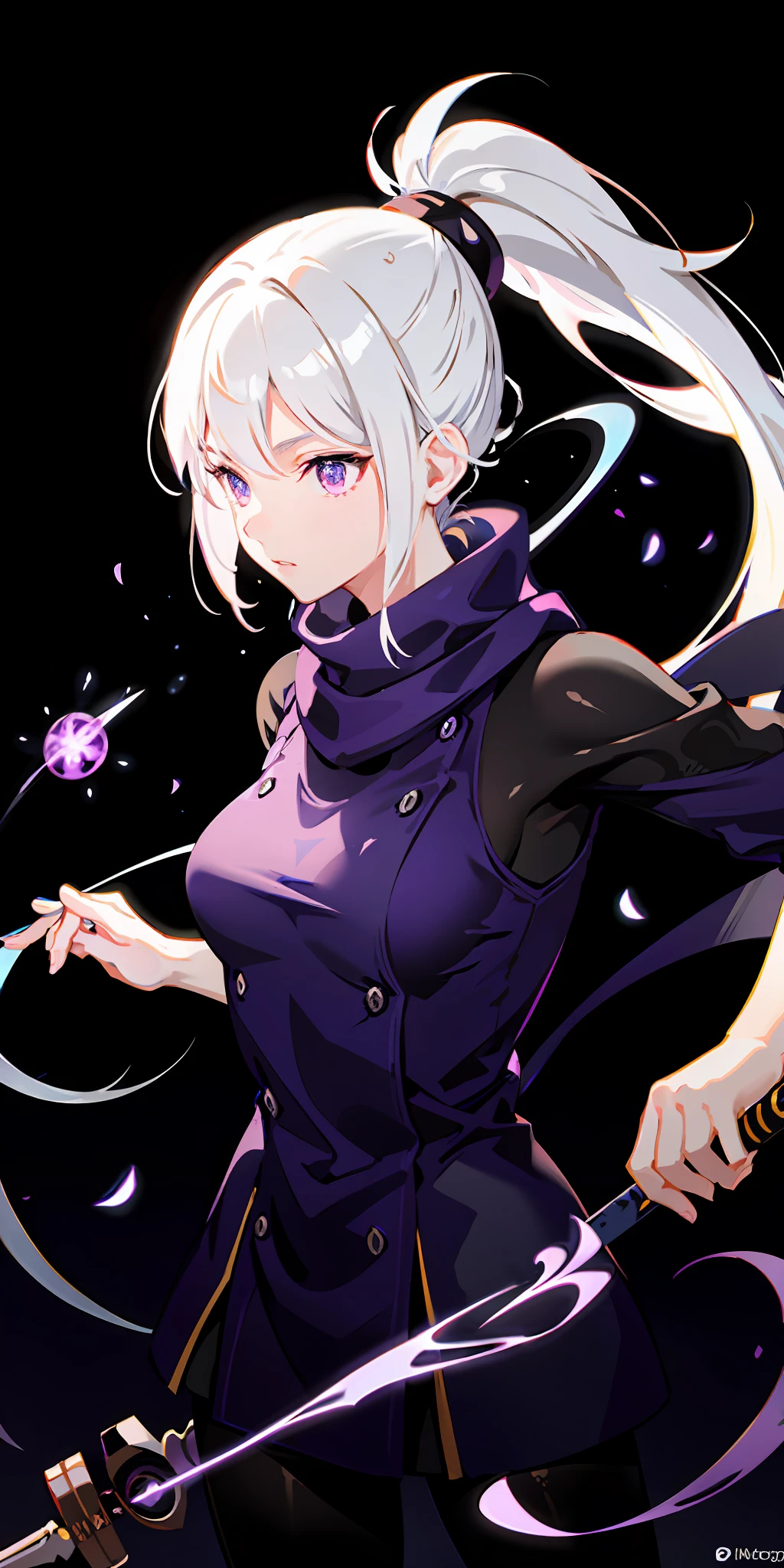 upper body, 1girl, white hair, ponytail, purple eyes, (ninja), short sword, medium breats ,scarf, wallpaper, magic circle background, light particles, blue fire,