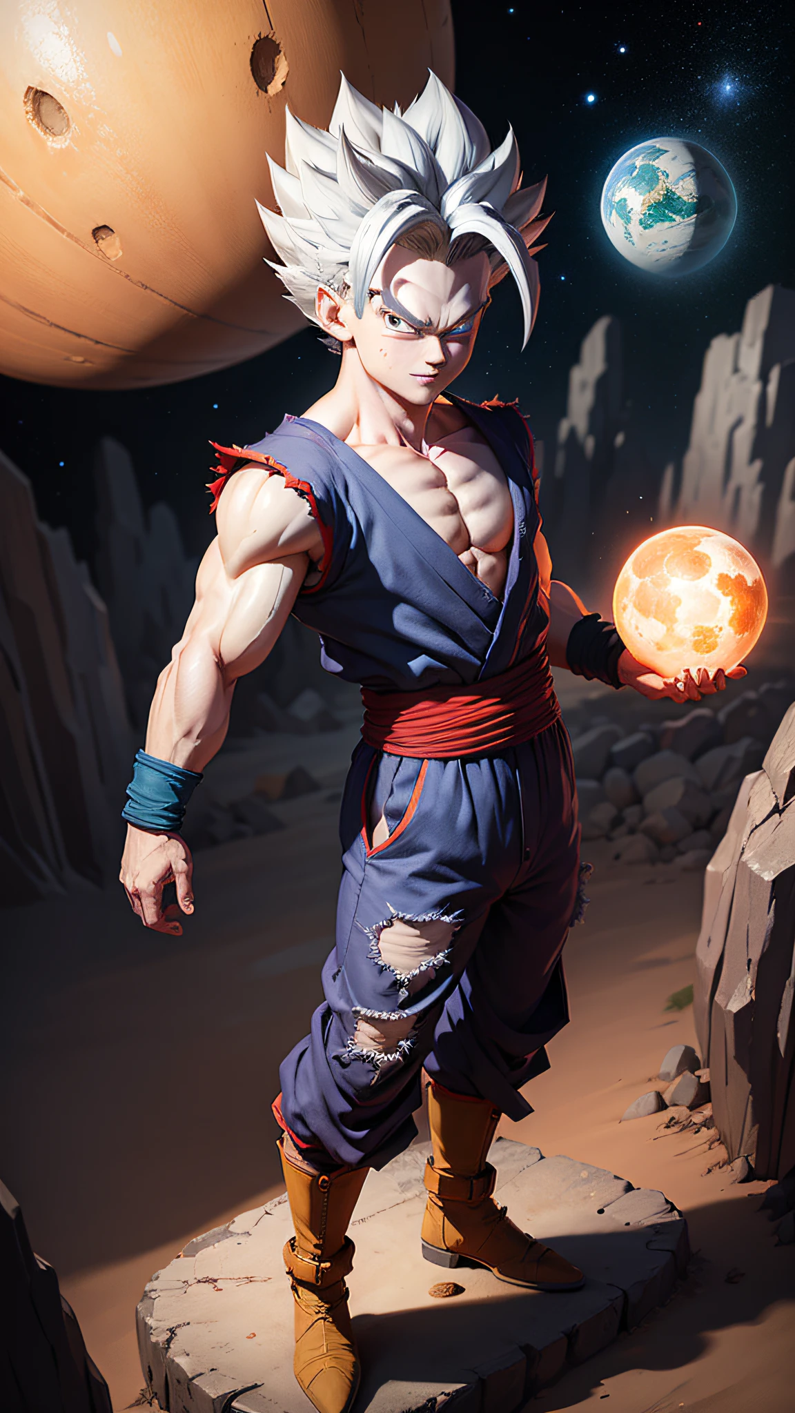 masterpiece, best quality, ultra-detailed, Adult Gohan 1boy, solo, Full body, evil smile, grey hair, spiked hair, red eyes, dougi, full body, looking at viewer, male focus, earth \(planet\), planet, space, cracked ground and rocks rising up, rubble rising,