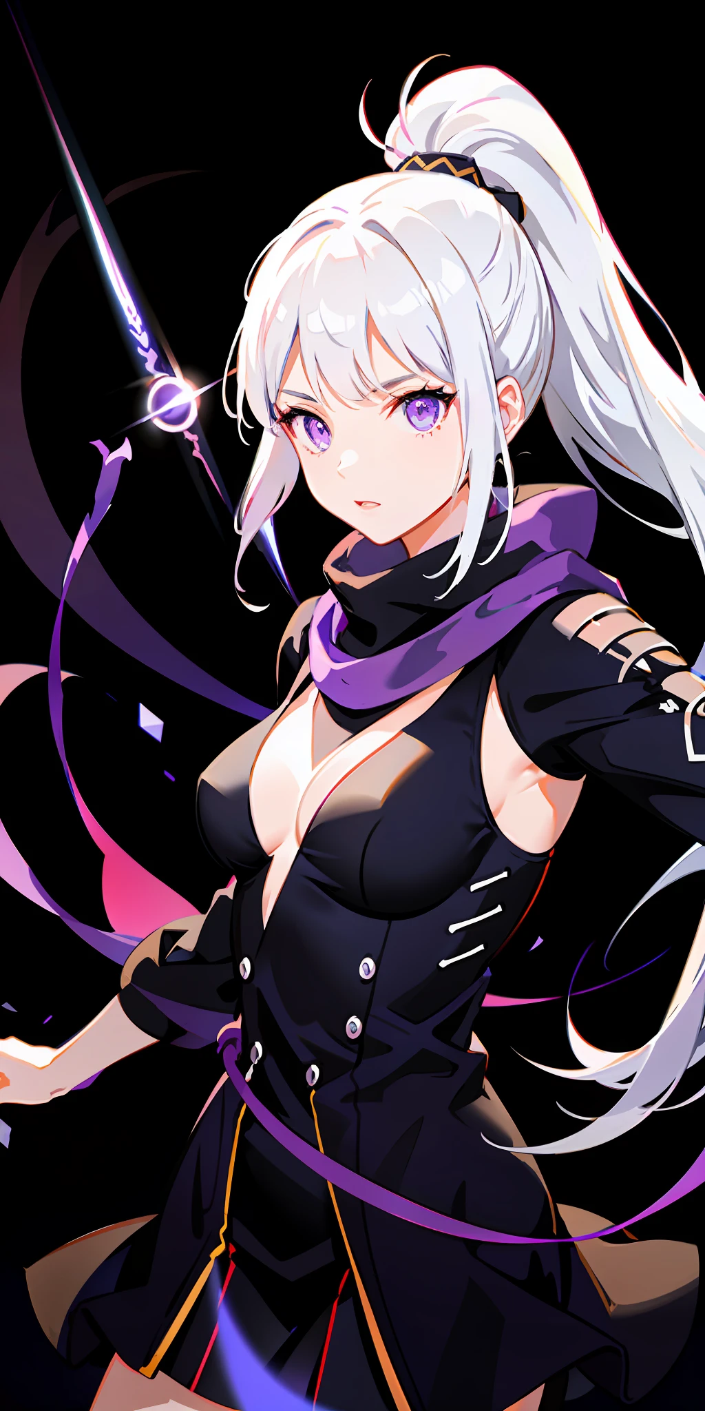 upper body, 1girl, white hair, ponytail, purple eyes, (ninja), short sword, medium breats ,scarf, wallpaper, magic circle background, light particles, blue fire,